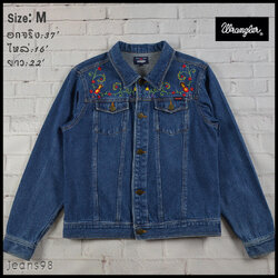 Wrangler อกจริง37' (M) เสื้อแจ็คเก็ตยีนส์ เสื้อยีนส์แขนยาวหญิงชาย เนื้อผ้านุ่มใส่สบาย ปักรายดอกไม้น่ารัก