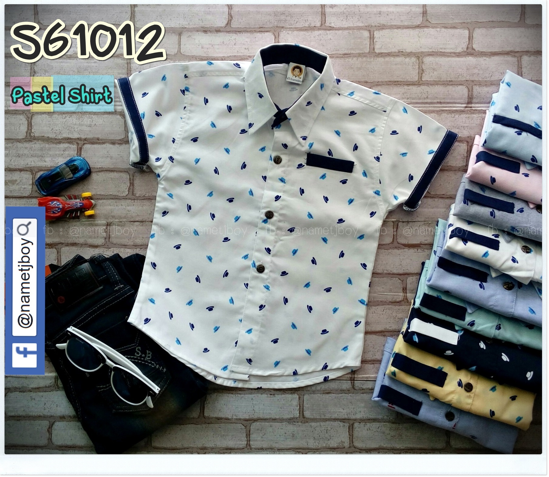 เสื้อเชิ้ตเด็ก แขนสั้น ลายหมวก Pastel สีขาว ไซส์ M สำเนา