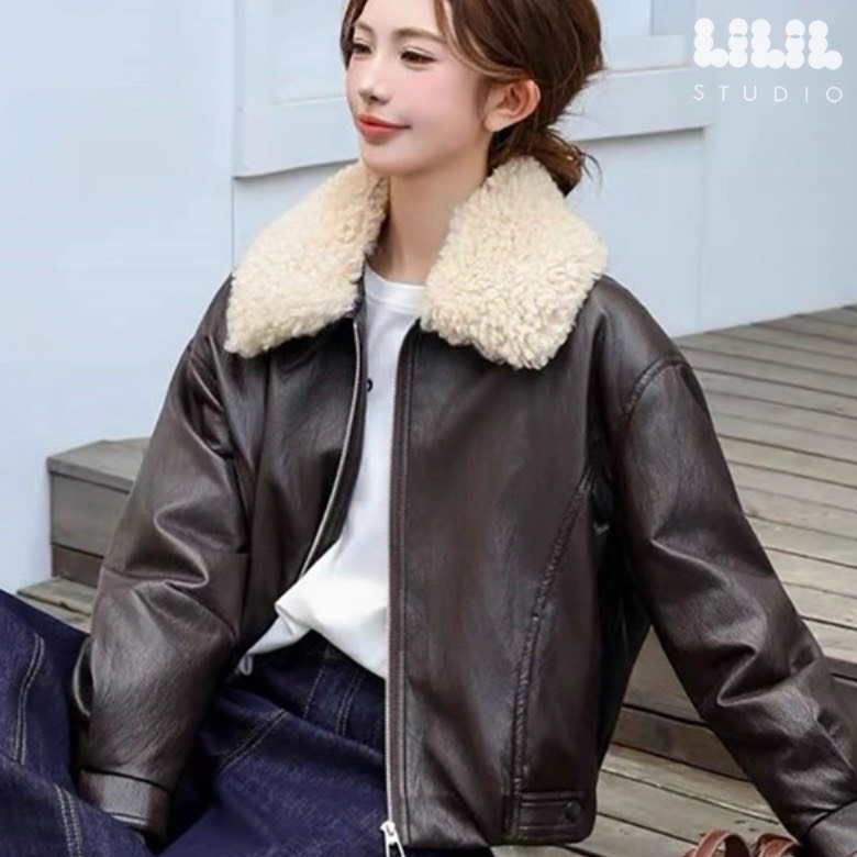 Lovely leather Jacket⭐️ พร้อมส่งค่ะ งานเสื้อJacket หนังลูกวัวนิ่ม ปกถอดได้ ซิปหน้ากระเป๋าจริงค่ะ