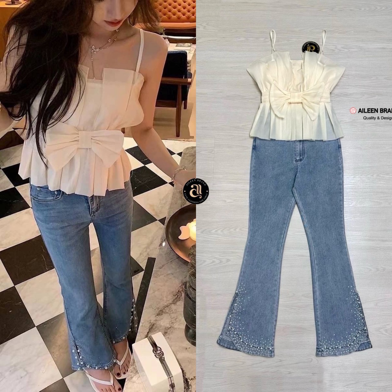 Set 2 ชิ้น เสื้อสายสปาเกตตี้สามารถปรับระดับได้ ดีไซน์อกโค้งท๊อปด้วยผ้าชีฟองตั้งขึ้น ( เสริมฟองน้ำ และซิปหลังอย่างดี ) เอวด้านหน้าแต่งโบว์ใหญ่ ชายเสื้อเย็บจับจีบทั้งด้านหน้าและด้านหลัง มาพร้อมกับกางเกงยีนส์ยืดขายาว กระดุมและซิปด้านหน้ามีกระเป๋าล้วงด้านข้าง