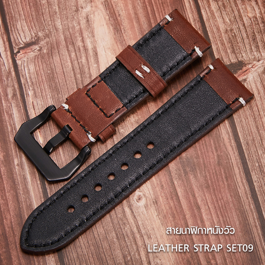 สายนาฬิกาหนังวัวแท้ SET09 สีน้ำตาลเข้ม หัวบัคเคิลดำ SET09 Leather Watch Strap Dark Brown ขนาด 20 , 22 mm