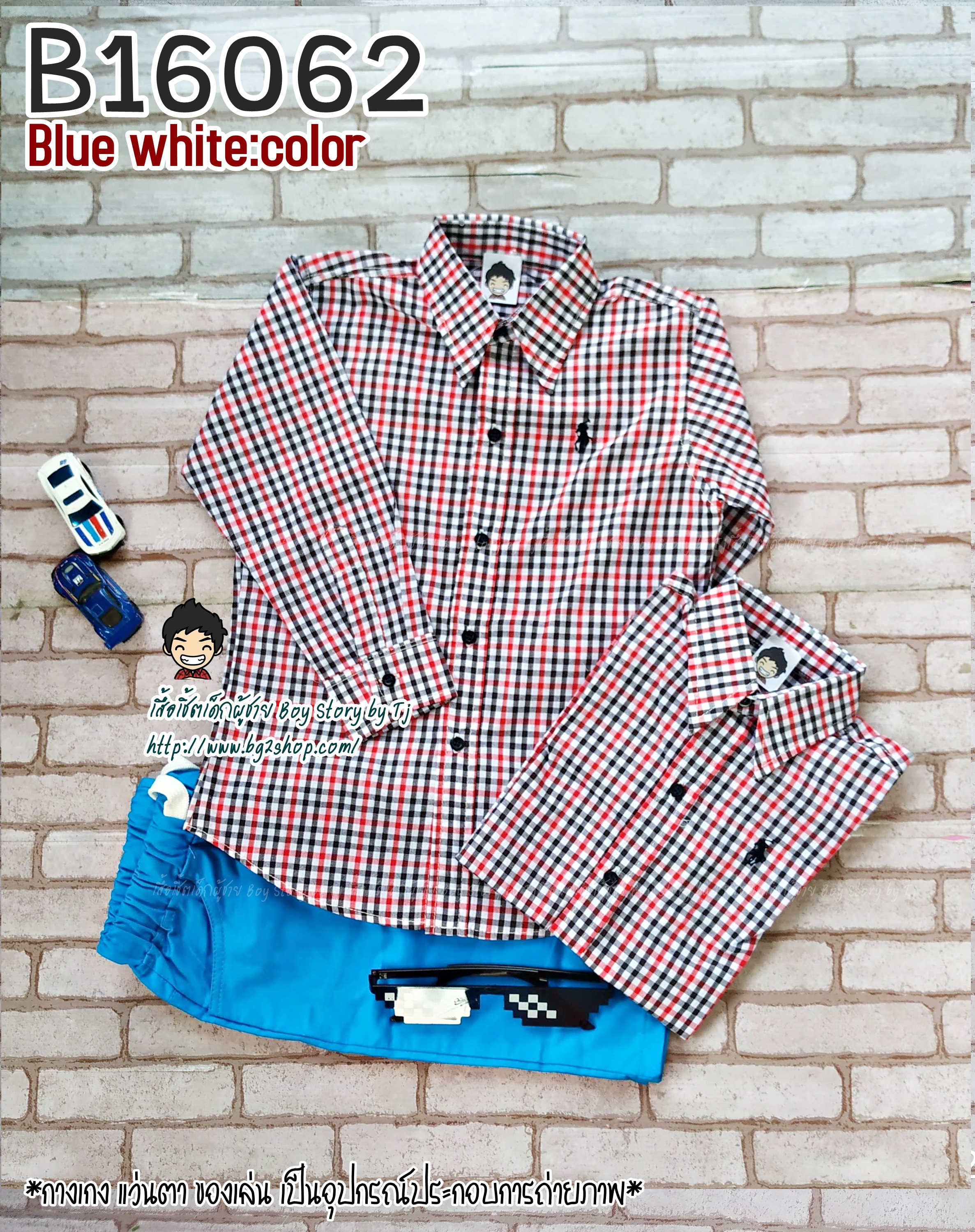 B16062(B) เสื้อเชิ้ตเด็ก แขนยาว ลายสก็อตแดงดำขาว