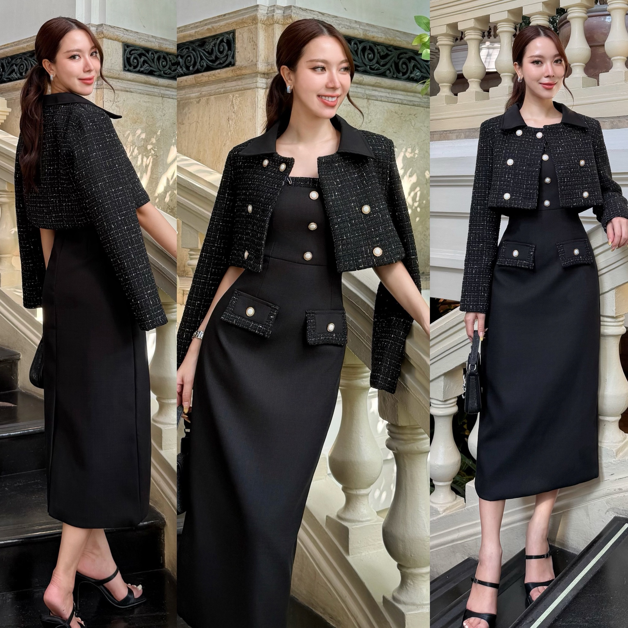 เซ็ทเดรส+เสื้อครอปสั้น งานหรูมาก รุ่นนี้ผ้าพรีเมี่ยมทวิตที่ทางร้านสั่งตัดพิเศษ ตัวเดรสมีซับในทั้งชุดเดรสใช้ผ้าทวิตญี่ปุ่น ด้านหน้าแต่งกระดุม 3 เม็ดเพิ่มความน่ารัก แต่งกระเป๋าหลอกซ้าย ขวา ซิปหลัง เดรสด้านหลังผ่าหลังขึ้นมาเล็กน้อยทำให้เดินได้สะดวก เดรสสามาร