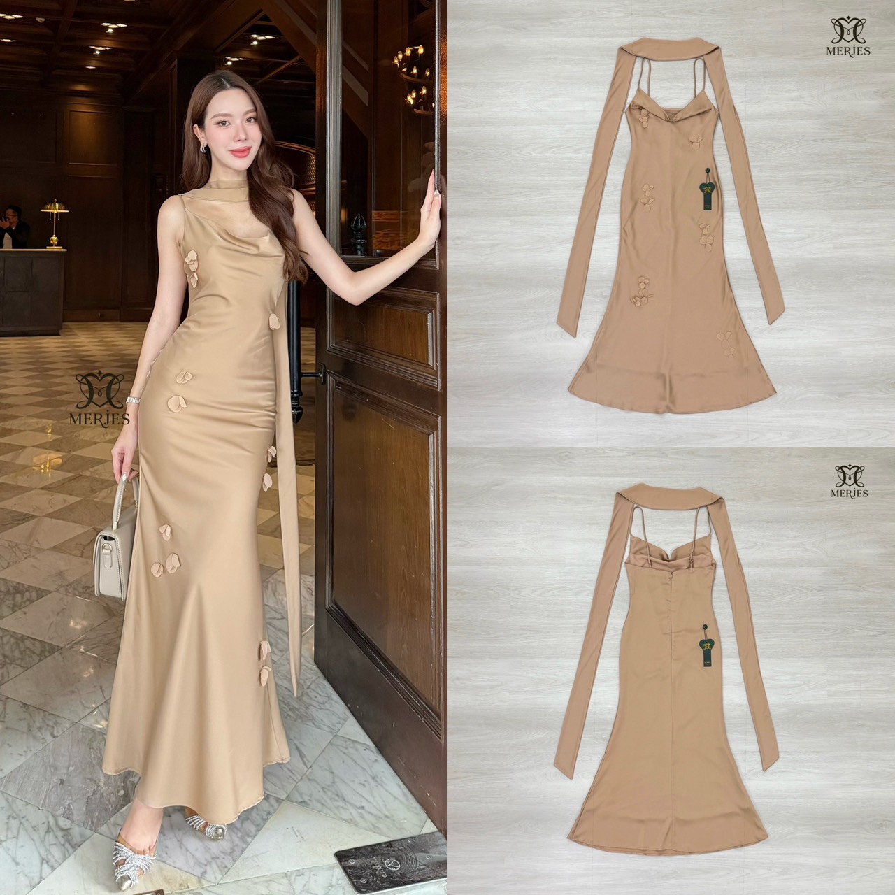 𝐌𝐄𝐑𝐉𝐄𝐒 𝐒𝐓𝐔𝐃𝐈𝐎 (เมอร์เจส) 𝐃𝐞𝐭𝐚𝐢𝐥 : เดรสยาวสีน้ำตาลทองผ้าซาตินสายเดี่ยวเข้ารูปสายสามารถปรับได้แต่งดีเทลด้วยดอกไม้