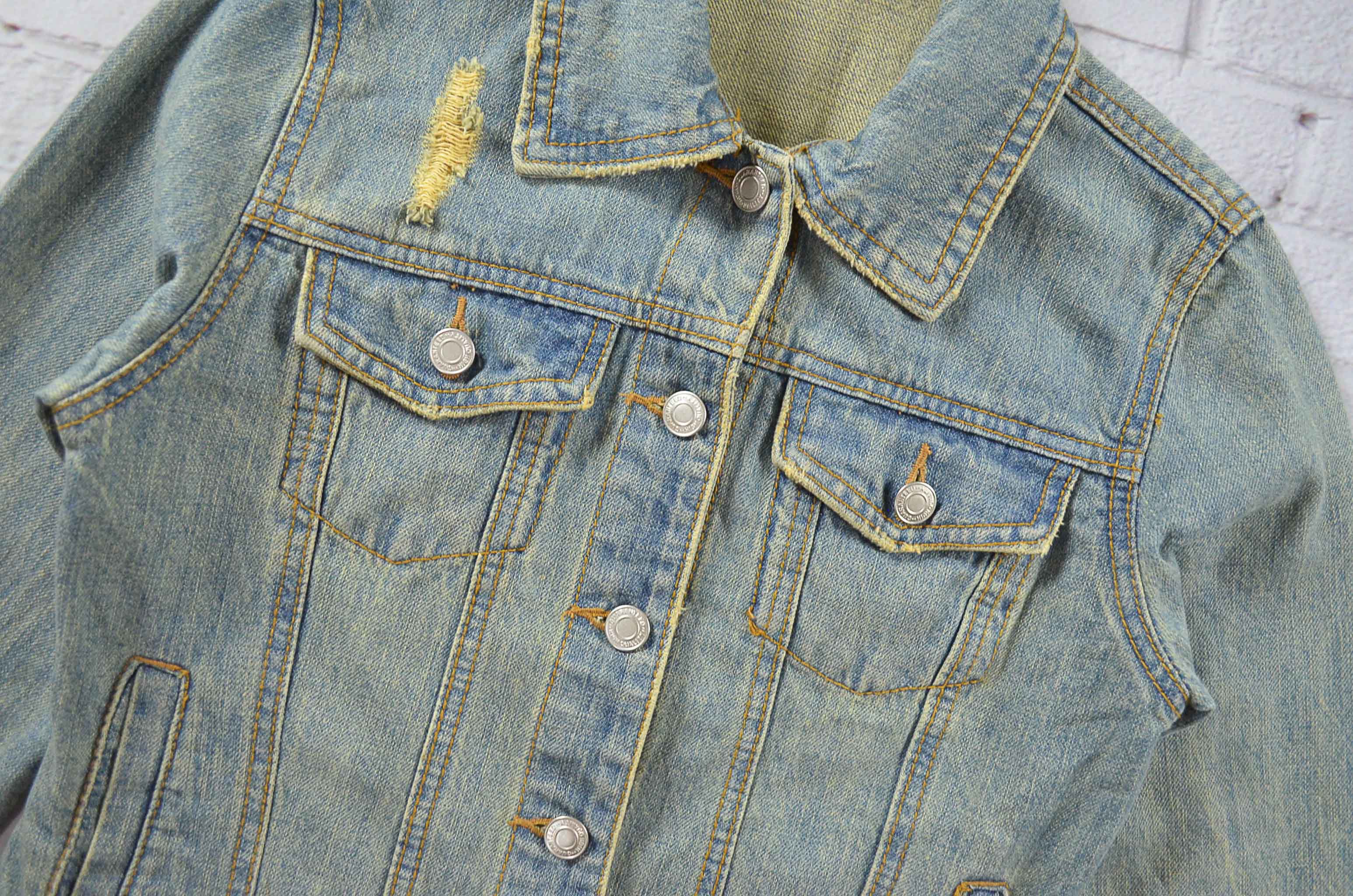 C.O.L.Z.A อกจริง33' (XS) เสื้อแจ็คเก็ตยีนส์ เสื้อยีนส์แขนยาวหญิงชาย สีเขียวสนิม แต่งสกิดผ้านุ่มใส่สบาย