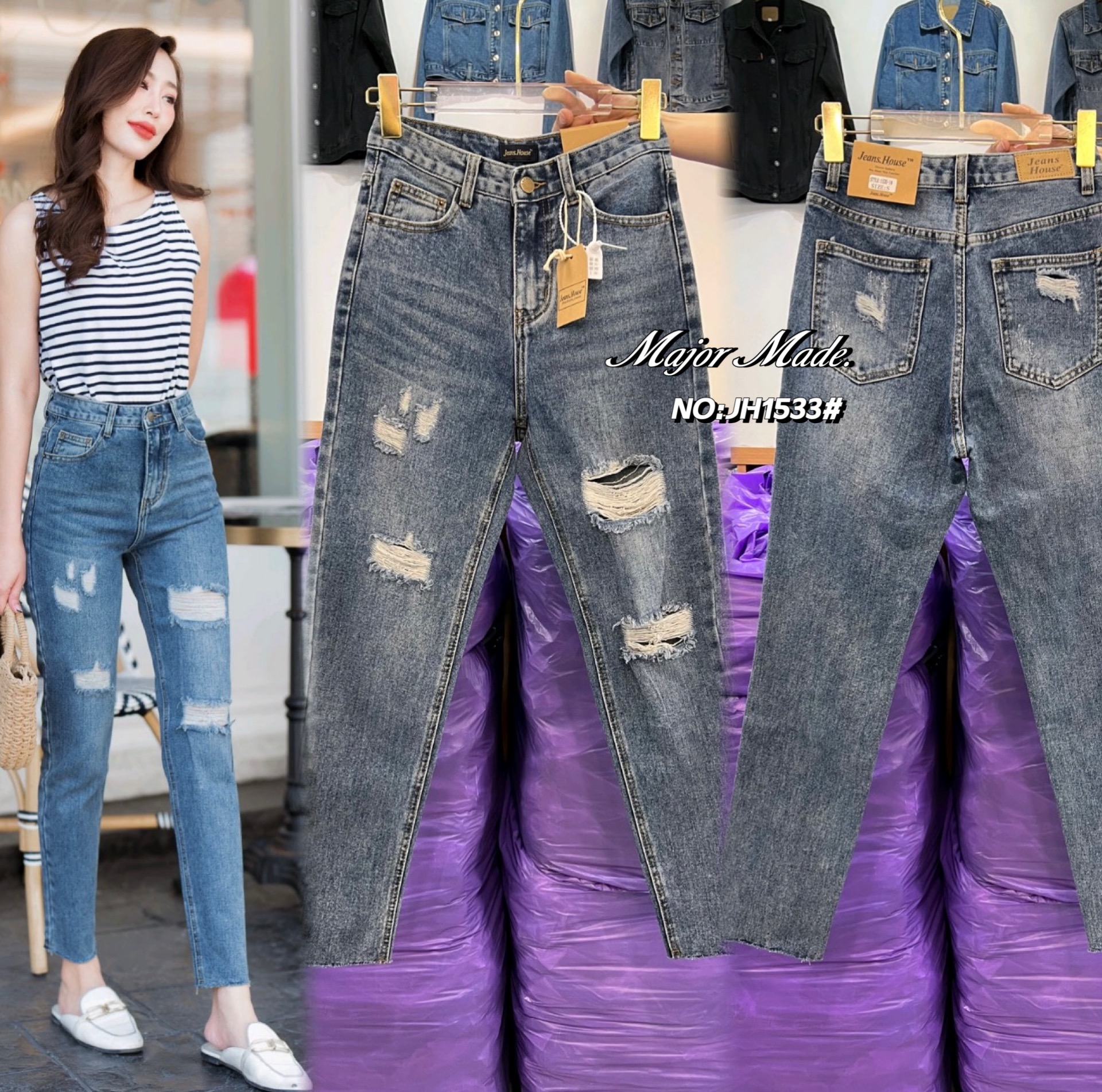 No.JH1533# -High-waist boyfriend jeans 🇰🇷🇰🇷 กางเกงยีนส์ทรงบอยสีฟอก เอวสูงงง แต่งขาดได้ลงตัวสวยเซอร์ๆตัวนี้ ผ้ายีนส์เนื้อนิ่มใส่สบาย (ผ้าไม่ยืด) แพทเทิร์นแป๊ะ ใส่เก็บพุงสวยดูมีเชฟ