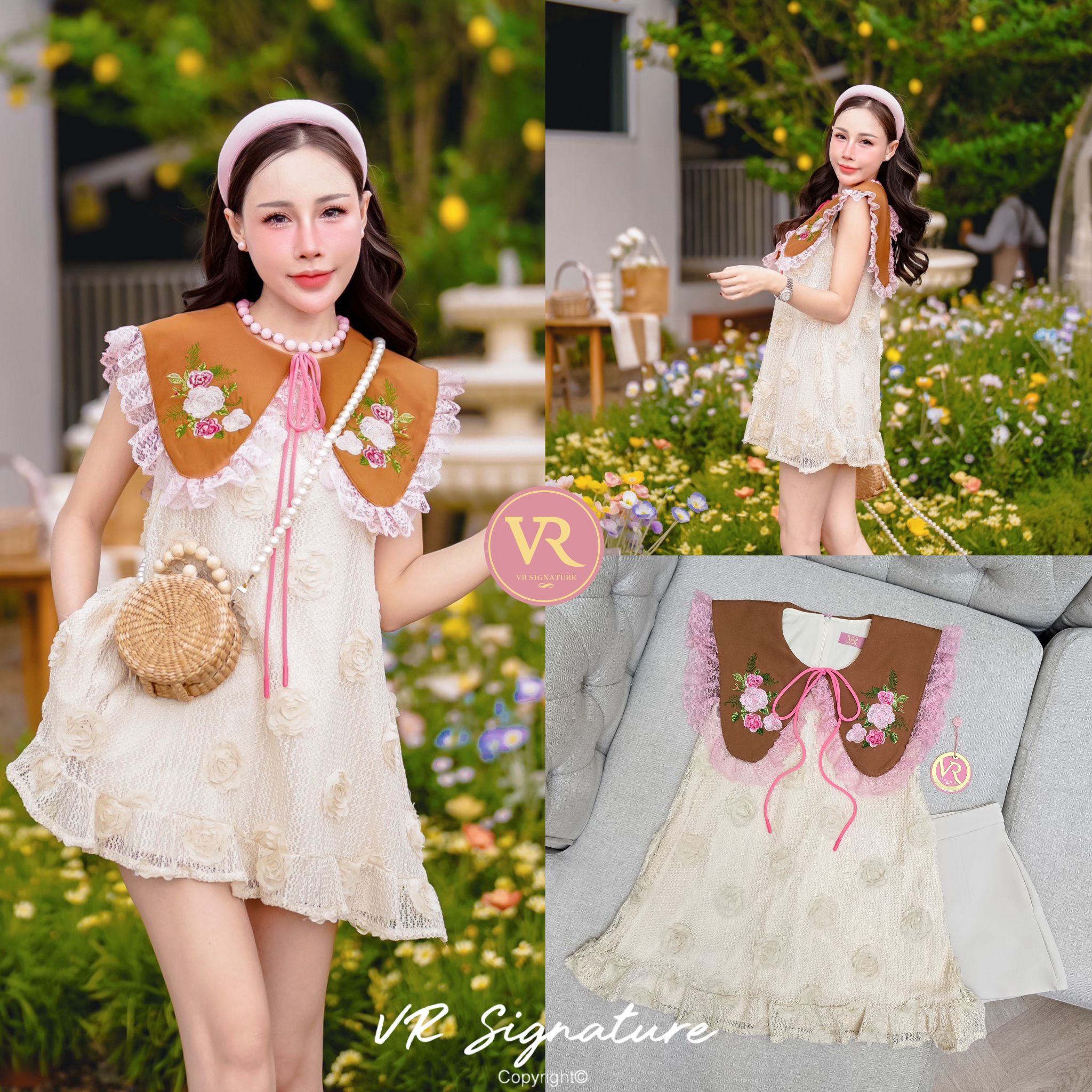 Set เดรสสั้นแขนกุด คอปกแต่งระบายลูกไม้ ปักลายดอกไม้ช่วงปก ผูกโบว์ช่วงคอเสื้อ เนื้อผ้าลูกไม้แต่งดอก3D กระจายทั้งชุด มีกางเกงขาสั้นเข้าชุด