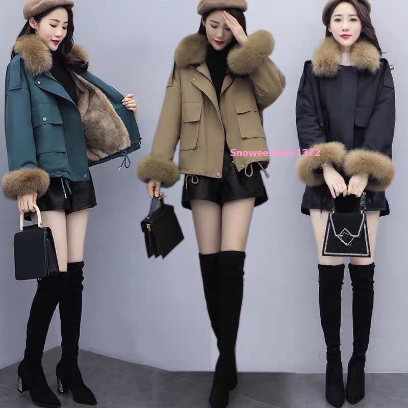 Fur Coat แจ็คเก็ตเฟอร์สไตล์เกาหลีแต่งขนเฟอร์ปกและชายแขนเสื้อทรงโอเวอร์ไซส์บุขนกำมะหยี่ด้านใน มาพร้อม 3 เฉดสี