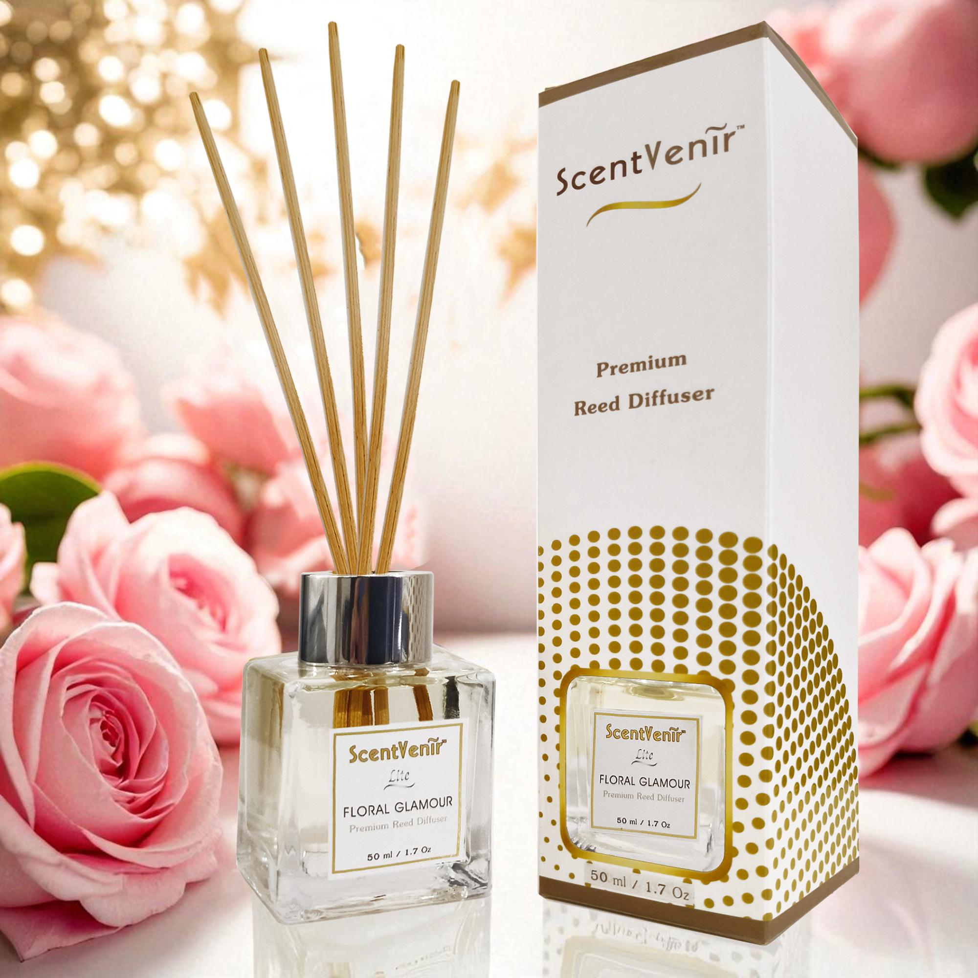 FLORAL GLAMOUR Scent Diffuser (Lite) น้ำหอมกระจายกลิ่น ปรับอากาศ ก้านไม้หอม กลิ่น ฟลอรัล กลามัวร์ สัมผัสกับกลิ่นแห่งหมู่มวลดอกไม้ หอมหวาน สดชื่น อโรม่า หอมละมุน แบบเบาๆ สูตรพิเศษด้วยน้ำมันหอมระเหยแท้ผสมกับหัวน้ำหอมเกรดสูง ขนาด 50ml ใช้นาน 1-2 เดือน