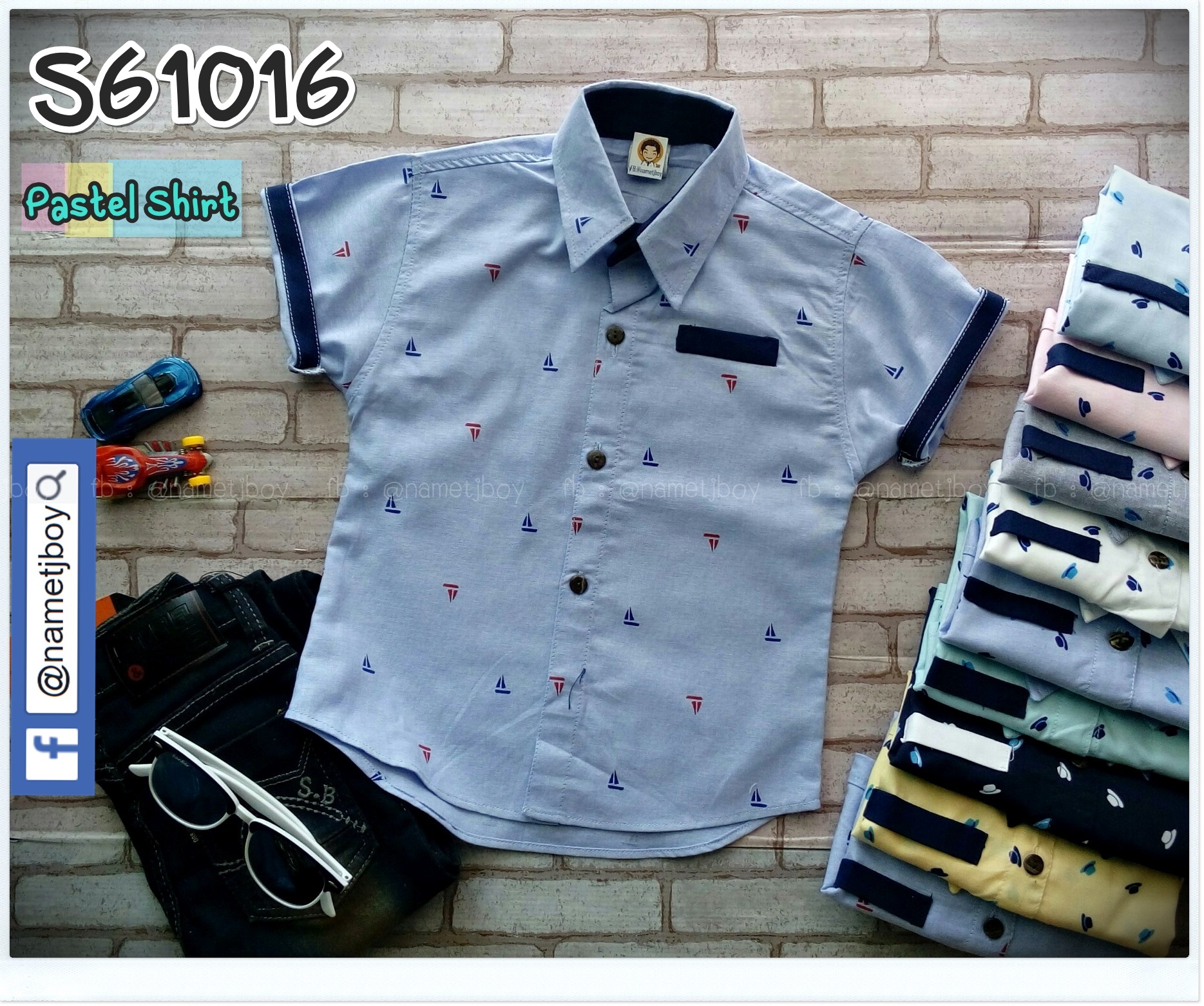 เสื้อเชิ้ตเด็ก แขนสั้น ลายเรือ Pastel สีฟ้า ไซส์ M