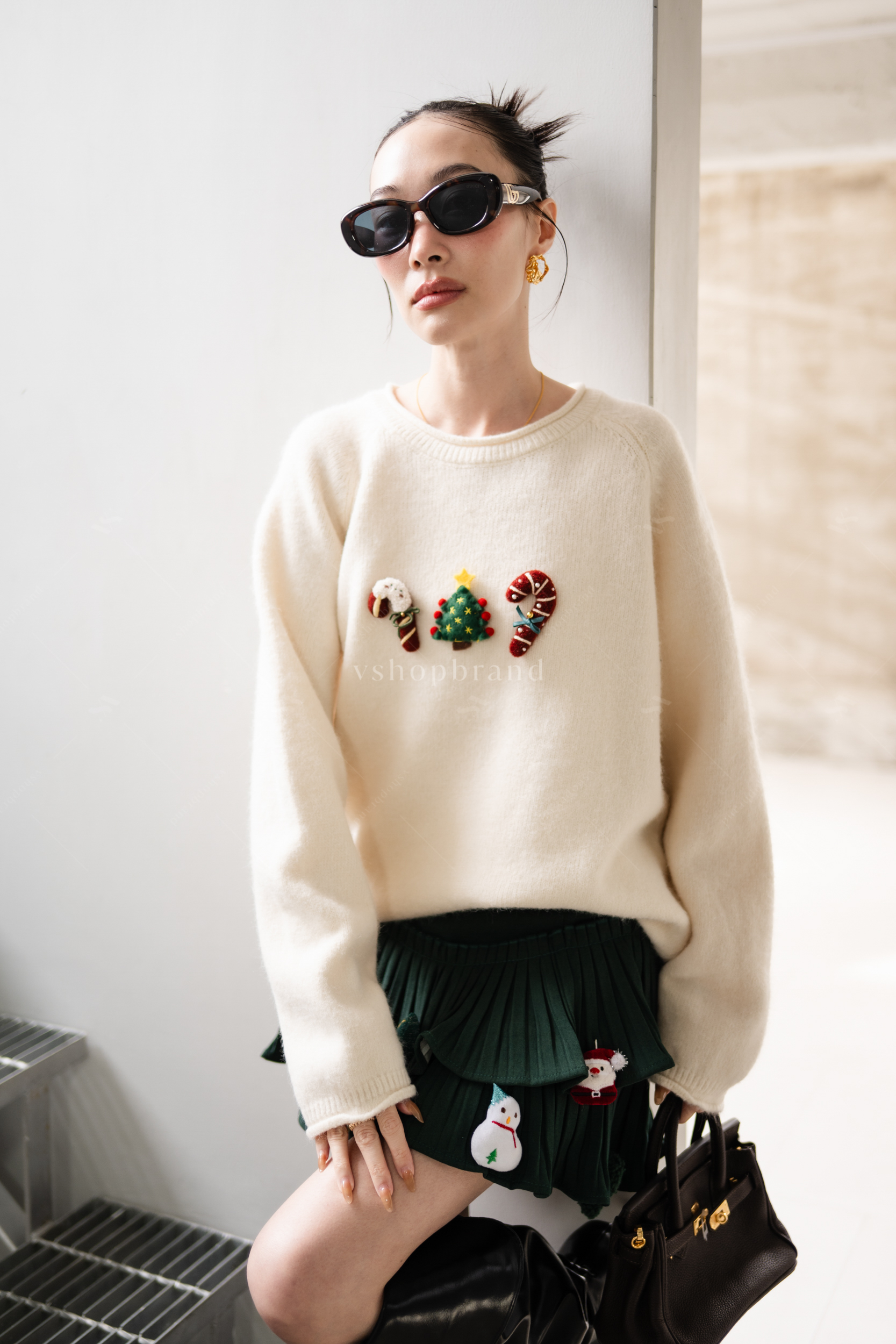 เสื้อไหมพรมแขนยาวปักคริสมาสต์