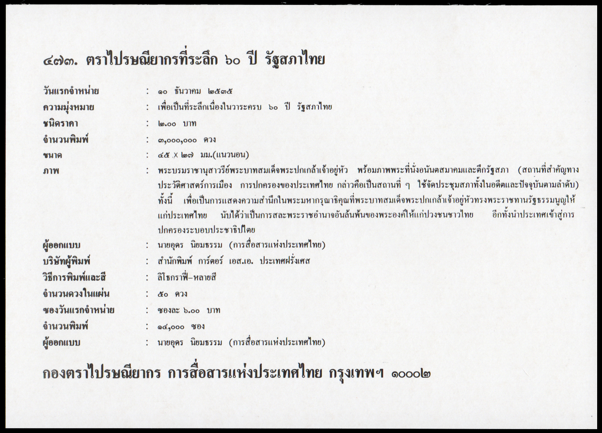 ซองวันแรกจำหน่าย 60 ปี รัฐสภาไทย