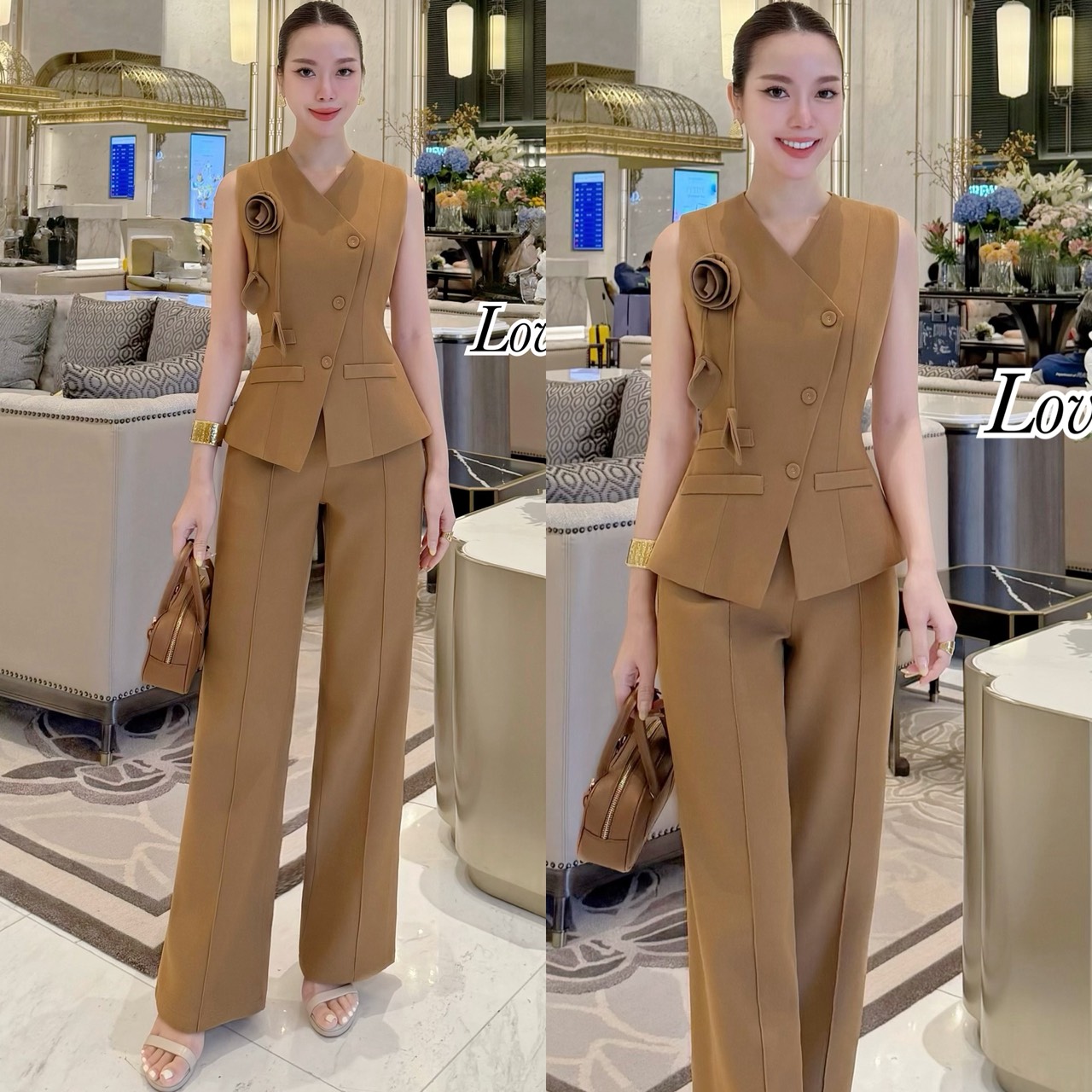 Set.3ชิ้น เสื้อ+กางเกง+เข็มกลัดดอกไม้(ถอดได้ค่ะ) ดีเทลเสื้อทรงแขนกุดปิดหัวไหล่ เข้ารูป กระดุมหน้า งานมีซับในอย่างดีค่ะ กระเป๋าตัวเสื้อเป็นงานตกแต่งใช้งานไม่ได้นะคะ แม็ทกับกางเกงเอวสูง ทรงขากระบอกกลาง ขาตรง