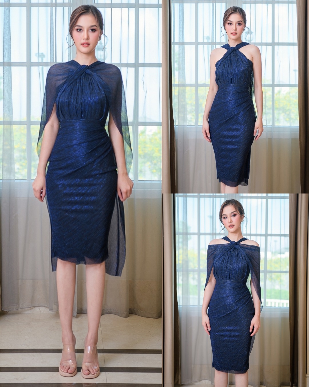 Label : LUXE เดรสกระโปรงสอบทรงเข้ารูป ดีเทลเสื้อคล้องคอปล่อยชายผ้าด้านหลัง เพิ่มลูกเล่นปรับให้เป็นผ้าคลุมไหล่ได้ตามภาพนางแบบค่ะ ทำจากผ้าราเม่อัดพลีท ผสมดิ้นเม็ททัลลิค เนื้อนุ่มยืดหยุ่น มีซิปซ่อนและซับในเต็มตัว คัตติ้งดีค่ะ