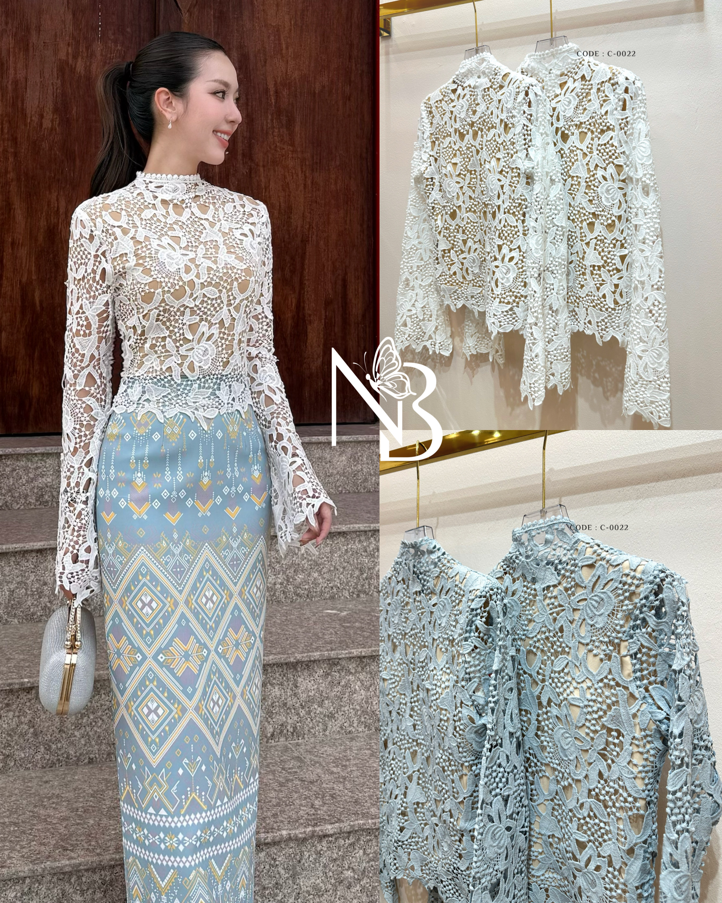 เสื้อลูกไม้ทรงคอเต่าแขนยาวแบ บบานออก ชายระบาย มีซับในผ้าคอตตอน มีฟองน้ำเสริม มาด้วยกัน 2 สี สีฟ้าและสีขาว ชุดเข้าพรรษา ทอดกฐิน งานบุญ งานวัด งานเทศกาลไทยต่างๆ ใครที่มีกระโปรงผ้าถุงที่บ้านอยู่แล้ว อยากได้แค่เสื้อ ก็จัดมาให้แล้วนะ 🤍🩵 #NABIBR