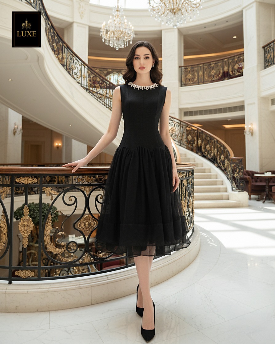 Label : LUXE ☑️เดรสเสื้อคอกลมแขนกุด กระโปรงบาน แต่งลูกปัดมุกรอบคอเสื้อ ☑️ทำจากผ้าไหมผสมคอตตอน เนื้อนุ่มใส่สบาย ☑️มีซิปซ่อนและซับในเต็มตัว