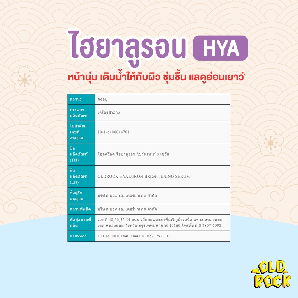Old Rock Hyaluron Brightening Serum เซรั่มไฮยาลูรอน ผิวอ่อนเยาว์ ชุ่มชื้น โอลด์ร๊อค ไฮยาลูรอน ไบร์ทเทนนิ่ง เซรั่ม