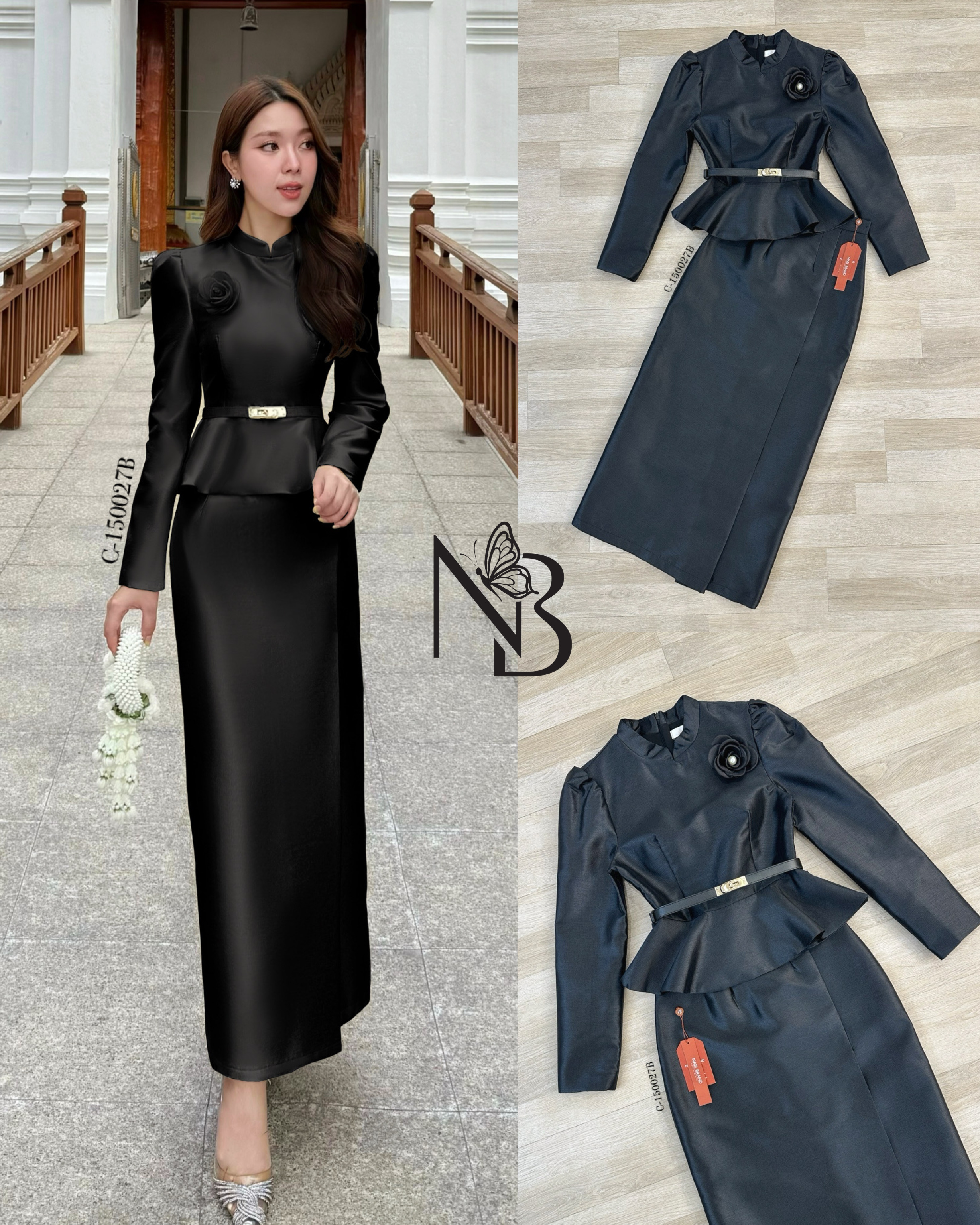 ชุดเซ็ตแขนยา คอกลม มีซัปในฟองน้ำในตัว มาคู่กับกระโปรงยาวทรงชุดไทย พับจีบด้านข้าง ผ่าทรงVด้านหลัง งานอัดกาวอย่างดีอยู่ทรง ใส่คู่กับเข็มกลัดดอไม้และเข็มขัดคือ สวยหรูลงตัวมาก ดีไซน์สวยดูผู้ดีแบบไทยๆ ไม่ซ้ำใคร ใส่ได้หลายโอกาศ ราคาคุ้มสุดๆ ห้ามพลาดนะคะ ᾗ