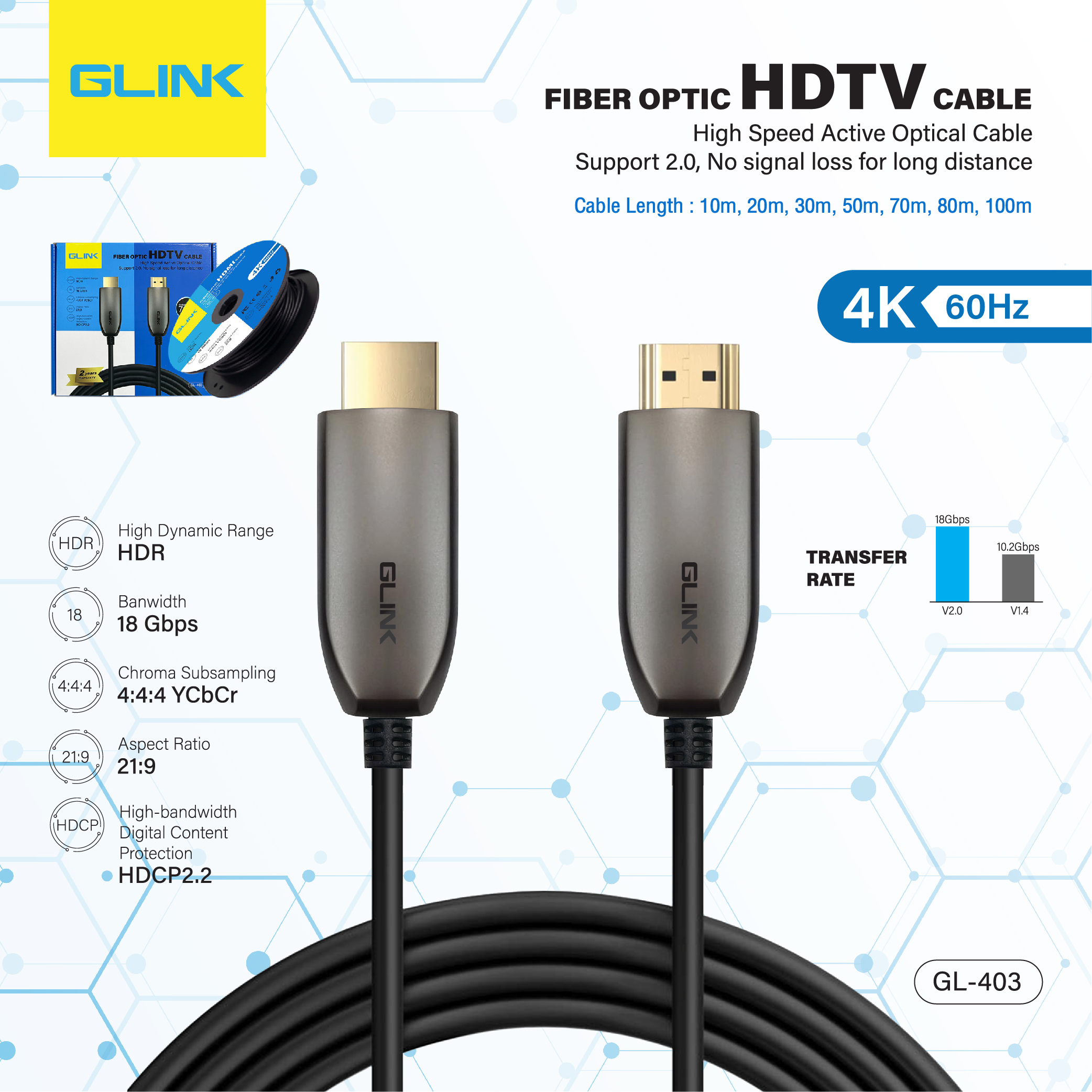 GL-403 GLINK FIBER OPTIC HDTV CABLE 4K/60Hz. SKU-02569