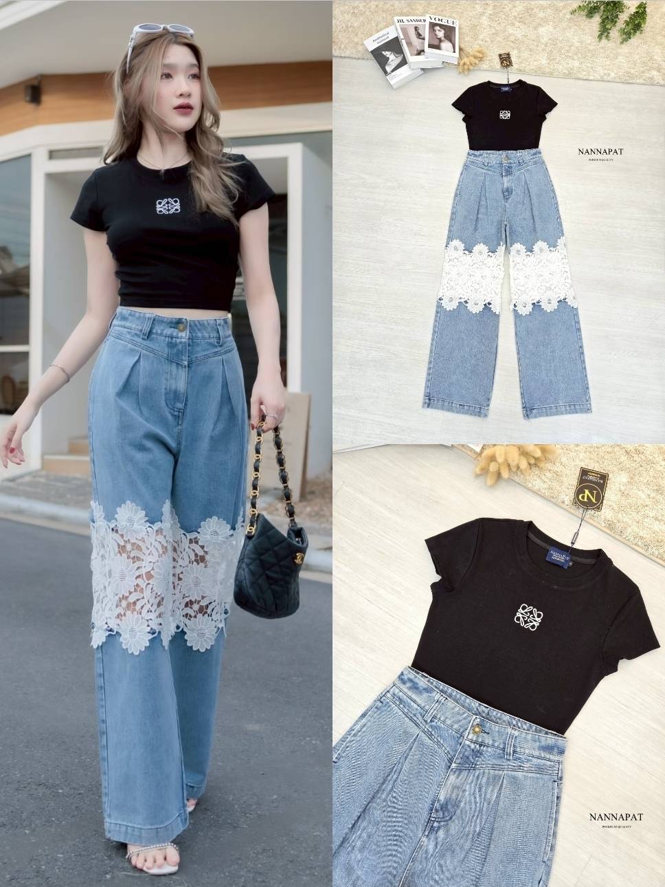 ชุดเซท TAG :: NANNAPAT (NP) 🎗️ CONCEPT เสื้อเสื้อผ้ายืดนุ่มเด้งสู้มือมาก +กางเกงยีนส์แท้ฟอกสวย