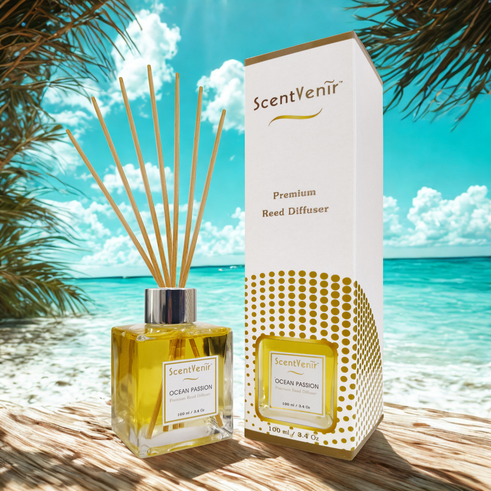 ScentVenir OCEAN PASSION Scent Diffuser น้ำหอมกระจายกลิ่น น้ำหอมปรับอากาศ ไม้หวาย ก้านไม้ ก้านหวาย ก้านไม้หอม กลิ่นโอเชี่ยน แพชชั่น สัมผัสกับกลิ่นแห่งท้องทะเล หอมสะอาดสดชื่น, เย็นสบาย อโรม่า สูตรน้ำมันหอมระเหยแท้กับหัวน้ำหอมเกรดสูง ขนาด 100ml ใช้นาน 5 เดื