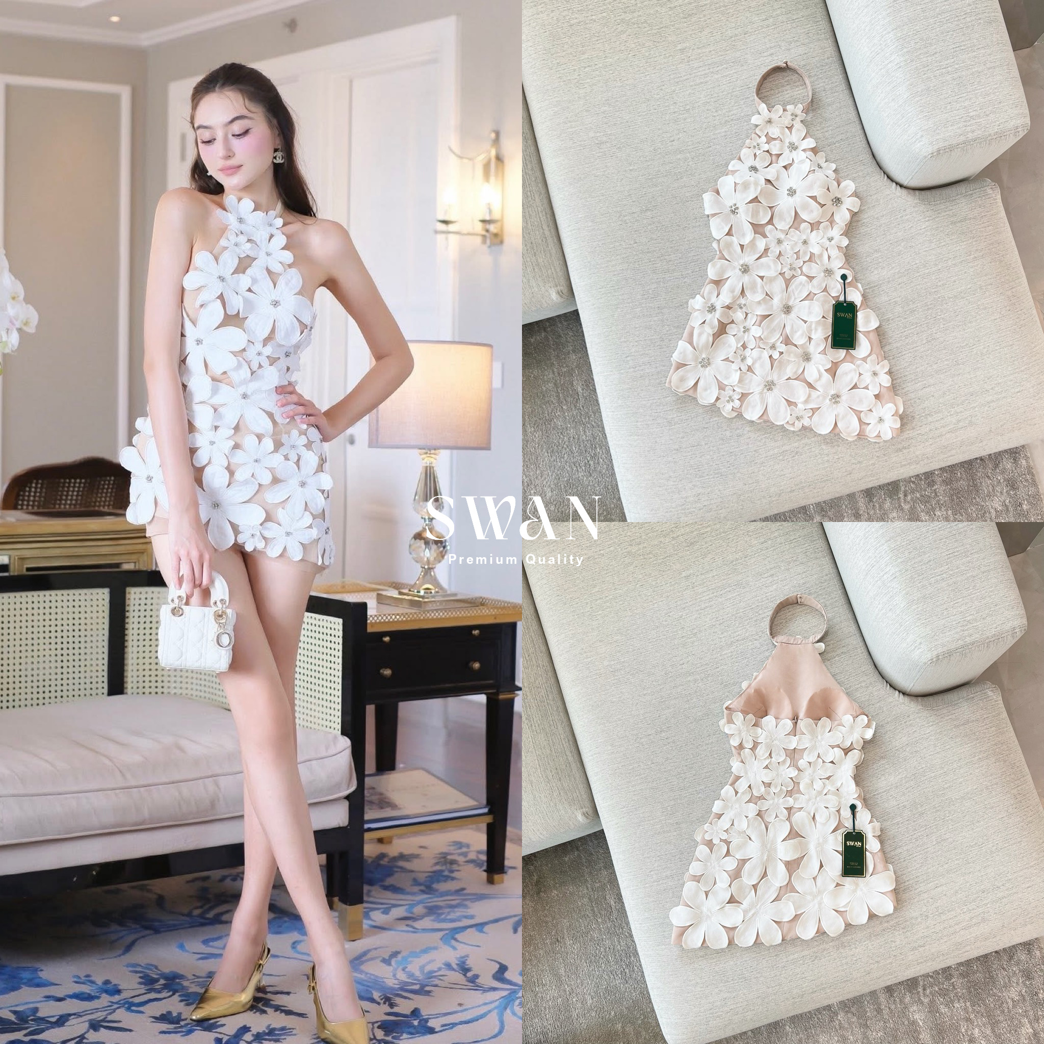 เดรสสั้นดีไซน์สุดโดดเด่นด้วยลายดอกไม้สามมิติทั้งตัว แต่งดอกไม้นูนขนาดเล็ก-ใหญ่ไล่ระดับจากช่วงคอลงมาถึงชายกระโปรง เพิ่มลูกเล่นด้วยการฝังคริสตัลเล็กกลางดอกช่วยสะท้อนแสงอย่างหรูหรา ดีไซน์ชายเดรสเฉียงดูชิคเปรี้ยวมาก ให้ลุคหวานปนเซ็กซี่อย่างลงตัว เ