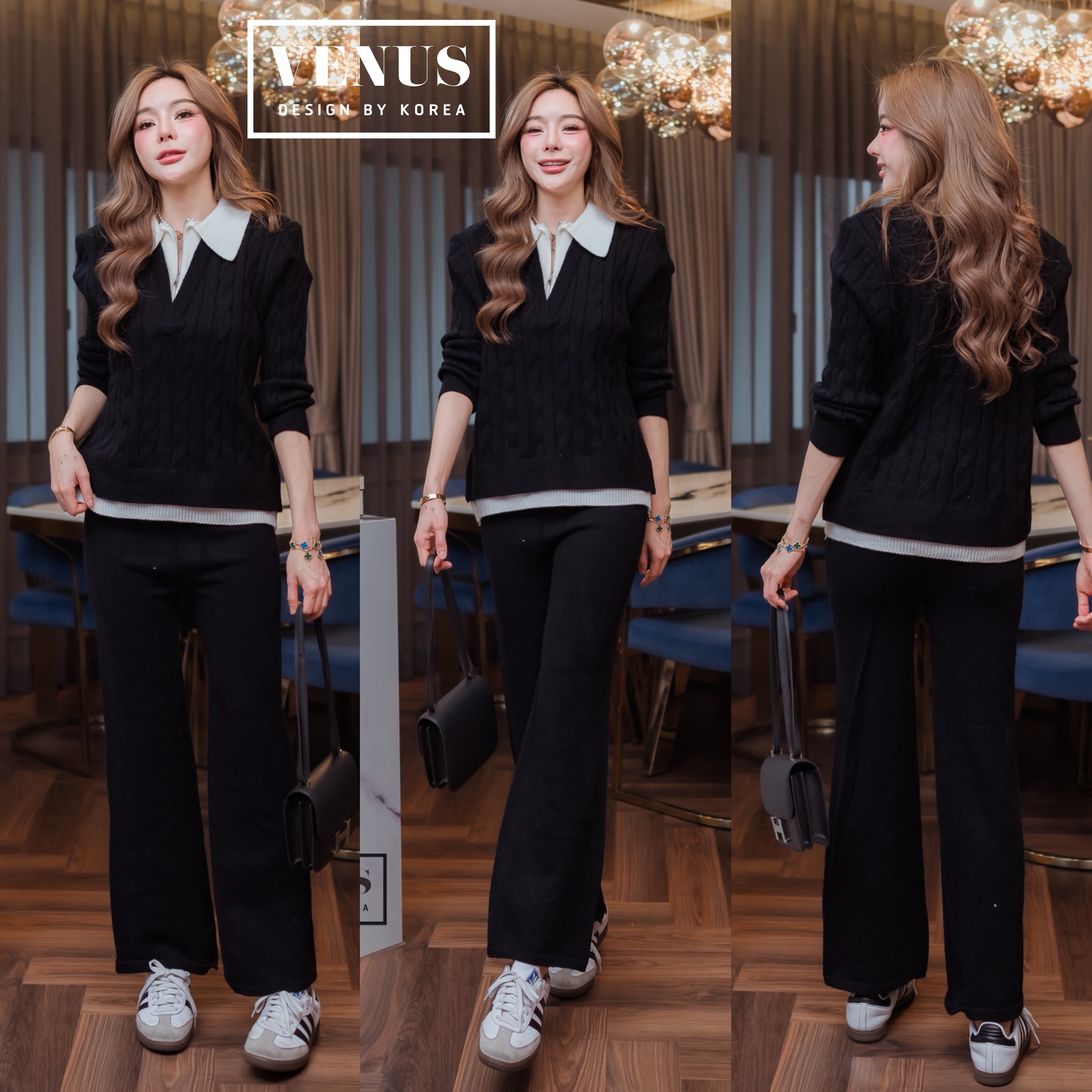 Knitting Set ชุดเซตผ้าทอ ตัวเสื้อเป็นคอปก แต่งซิปด้านหน้า แต่งสลับสีขาว งานมาพร้อมกับกางเกงเข้าชุดกันนะคะ แม๊ทกับรองเท้าผ้าใบก็น่ารักคะ