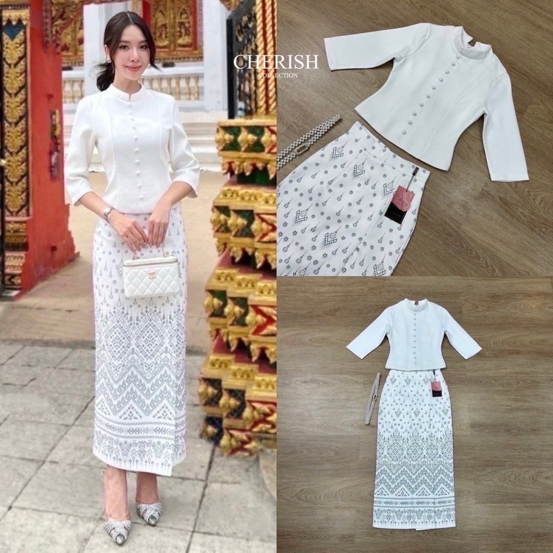 เช็ท 3 ชิ้น ชุดงานบุญ ชุดไทยหรือจะใส่เป็นธีมชุดเพื่อนเจ้าสาวก็เหมาะ ใส่ได้ทุก เทศกาล ดีเทล เสื้อคอกลมแต่งกระดุมเรียง แขน 3 ส่วน