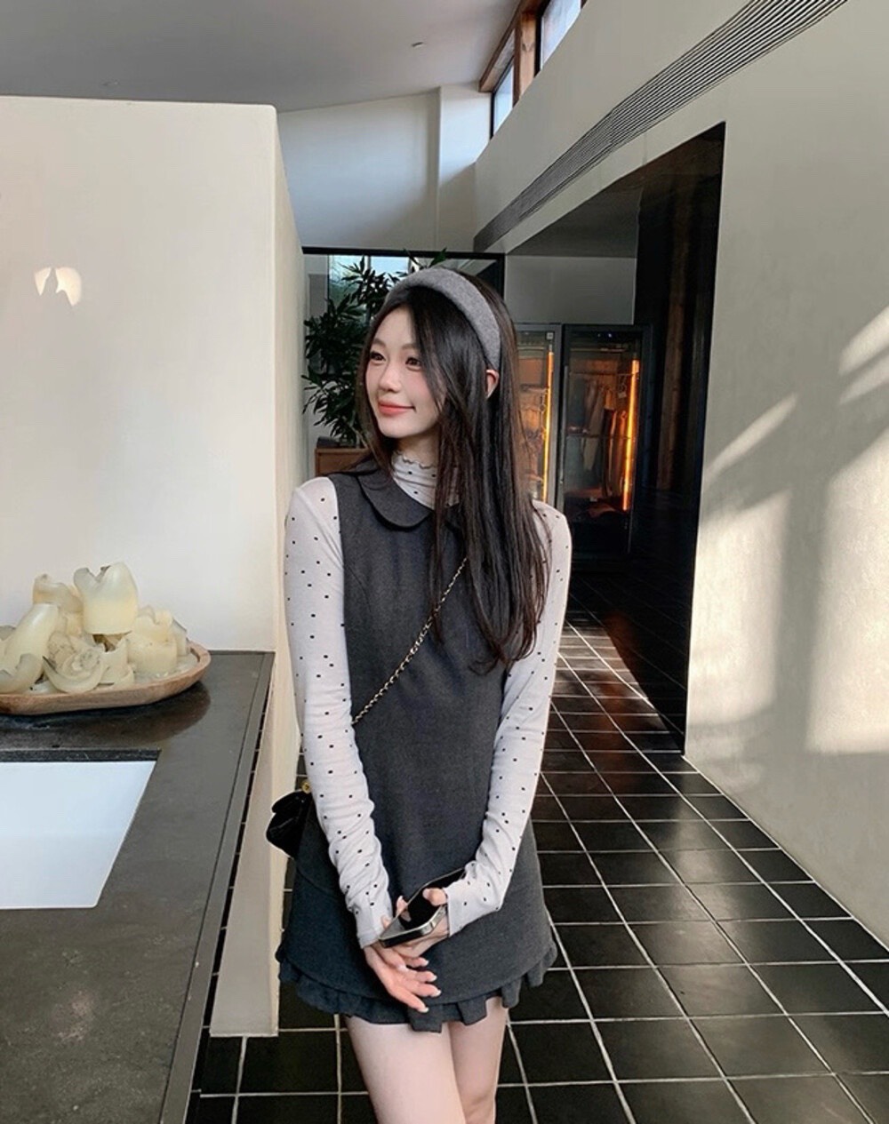 MAYA SHOP 5085# Set 2 pcs เสื้อแขนยาว ลาย polka dot + เดรสแขนกุด คอบัว งานซิปหลัง เนื้อผ้าดี มีซับใน งานสวย