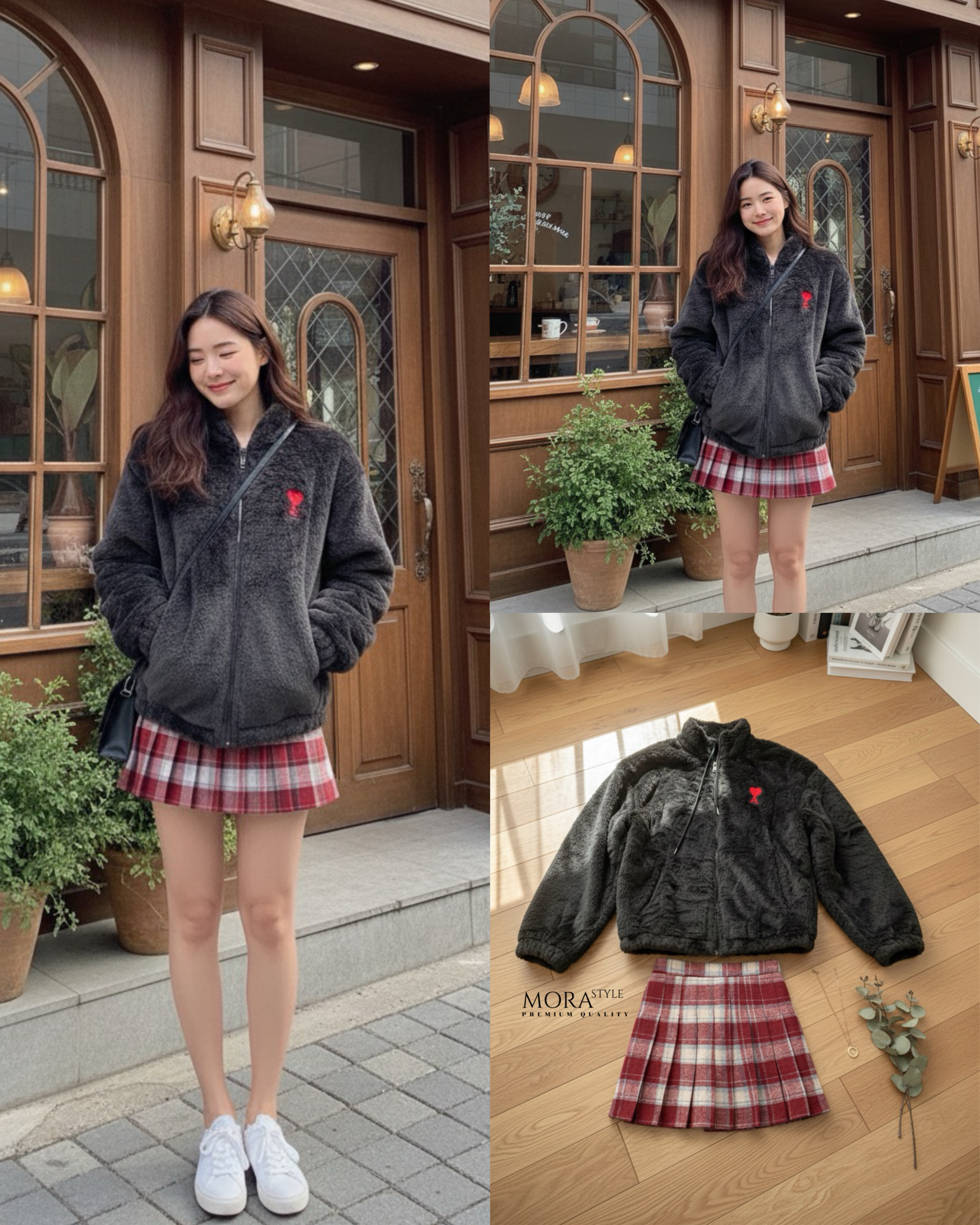 เซ็ต 2 ชิ้น เสื้อแจ็คเก็ตโอเวอร์ไซด์ แต่งงานปักช่วงอกมีซิปรูดด้านหน้า ผ้าหนานุ่ม มาพร้อมกับกระโปรงจีบรอบลายสก็อต ใส่แมสช์สวยมากค่ะ