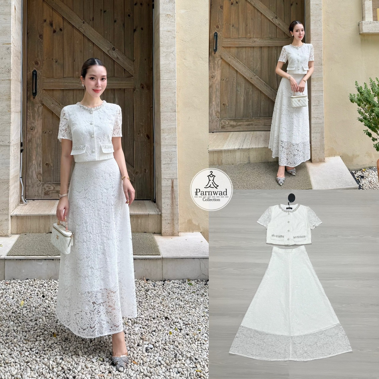 Set เสื้อลูกไม้เนื้อนิ่มกระดุมหน้าแต่งเลื่อมสีเงินที่คอและกระเป๋า มาพร้อมกับกระโปรงลูกไม้เอวสูงซับในทั้งชุด จะใส่ไปงานบุญทอดกฐินหรือกินเจก็สวยเลิศ ชุดนี้ไม่มีไม่ได้แล้วนะคะ #parnwadcollection