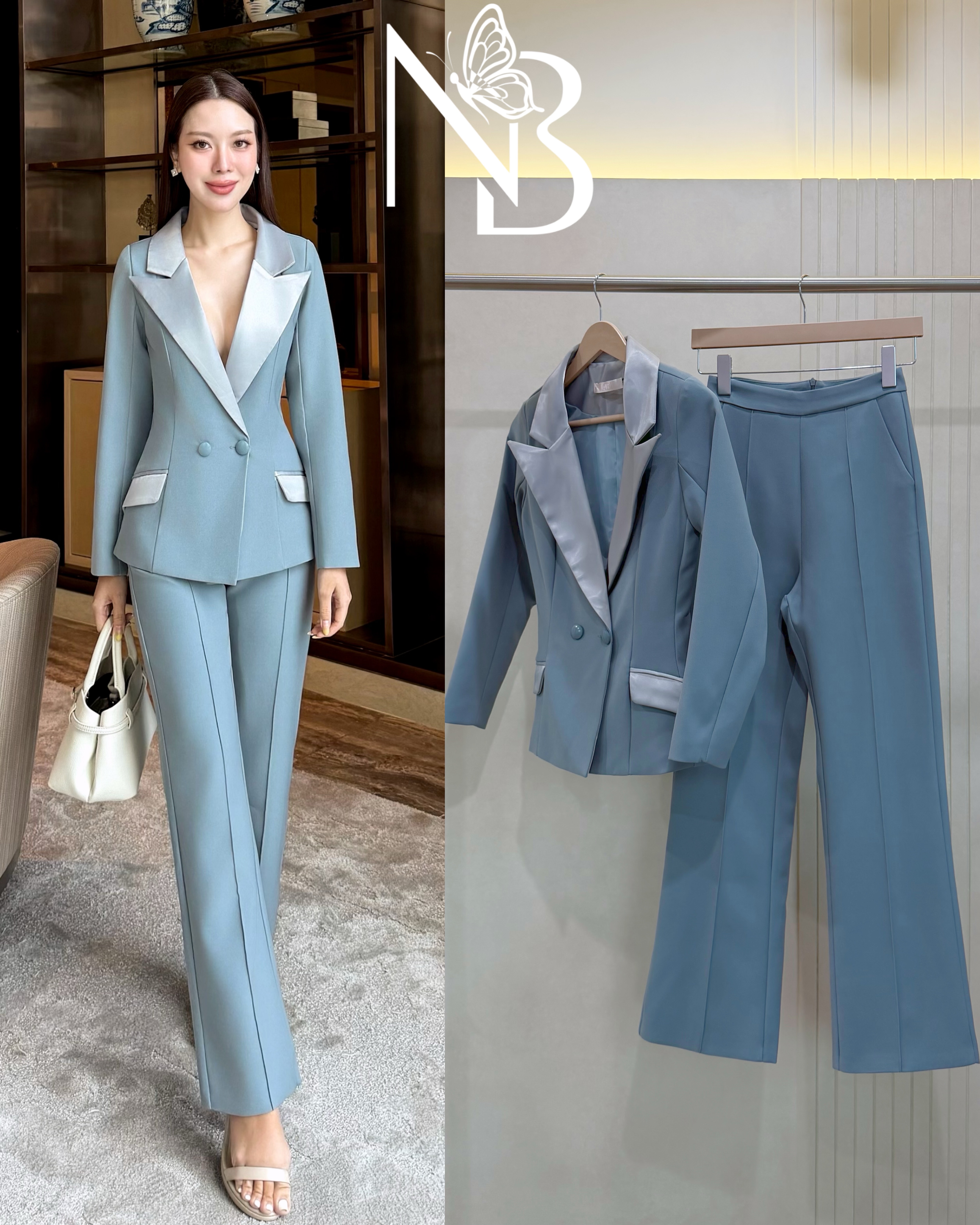 Set สูท2ชิ้น เสื้อแขนยาว+กางเกงขายาว ดีเทลเรียบหรู เสื้อคอปกเงาๆ ทำให้ดูแพง กระดุมสองเม็ด มีกระเป๋าสองข้างใช้งานได้จริง กางเกงเอวสูงนิดนึงกระบอกเล็ก ตีเกล็ดตรงกลาง ซิบซ่อนด้านหลัง มีซัปในทั้งตัว ผ้าหนา นุ่ม ใส่สบายมาก ทรงเกร๋ เข้ารูป ดีไซน์ทันสมัย ใส่แล้ว
