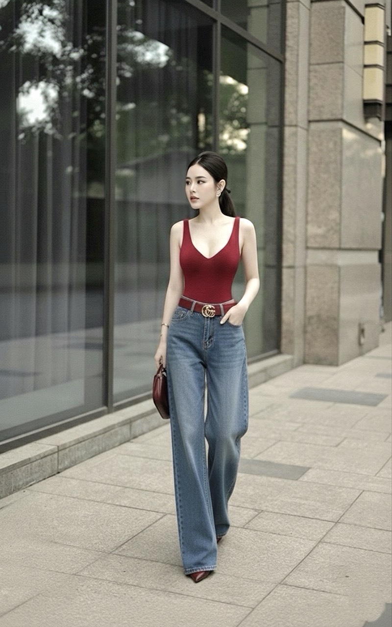 เสื้อ บอดี้สูทคอวีสีแดงสด + กางเกงยีนส์ทรงกระบอกใหญ่ เอวสูงปรี๊ด สีฟอกสวย + เข็มขัดหนังสีแดงอะไหล่ทองให้อีกเส้น