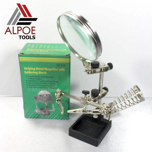 แว่นขยายตั้งโต๊ะ พร้อมตัวจับ และ ที่วางหัวแร้ง งานโลหะ รุ่น JM-508