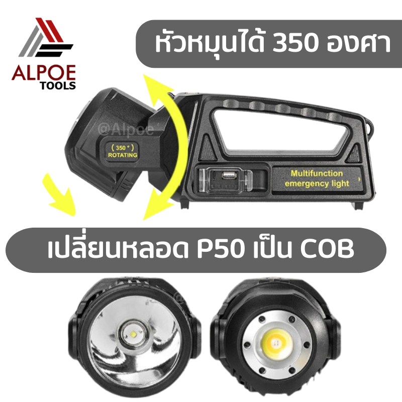 ไฟฉายหูหิ้ว หลอด P50 ไฟแรงสูง หมุนหัวได้ 350 องศา ชาร์จโซล่าเซลล์ได้