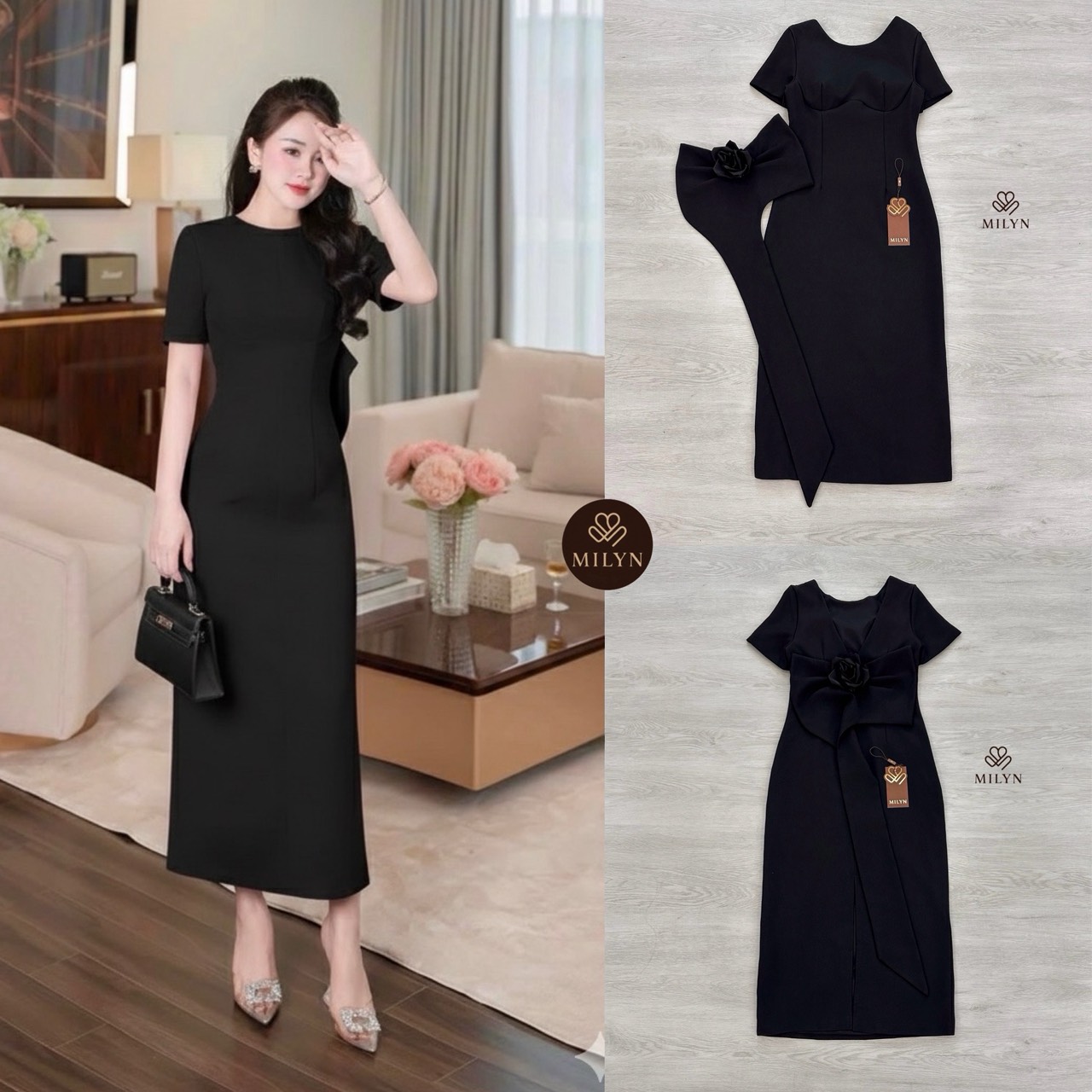 เดรสยาวสีดำคลาสสิก ดีเทลคอกลมแขนสั้น คัตติ้งเนี๊ยบเก็บทรงเป๊ะ ใช้ผ้าสูทเนื้อหนาเกรดพรีเมียม มีซับในเต็มตัว เสริมฟองน้ำและซิปหลังซ่อนอย่างดี 🌹ไฮไลท์ที่โบว์ยักษ์แต่งดอกกุหลาบ ที่สามารถถอดเข้า-ออกได้