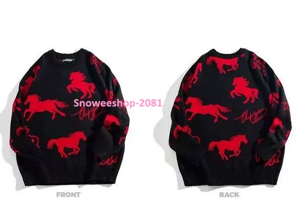ลายม้าเท่เกินต้าน! ใส่แล้วดูแพงแบบโอปป้า เสื้อสเวตเตอร์คอกลมสไตล์เกาหลี ใส่ได้ทั้งชาย-หญิง ดีไซน์เรียบแต่ดูมีคลาส หนา อุ่น ใส่สบายสุด ๆ ใส่เที่ยวต่างประเทศก็เอาอยู่ ขนาดใหญ่พิเศษ 2XL – 8XL (ถึงอก 58") มีให้เลือก 2 สีเท่ๆ — ดำ / แดง