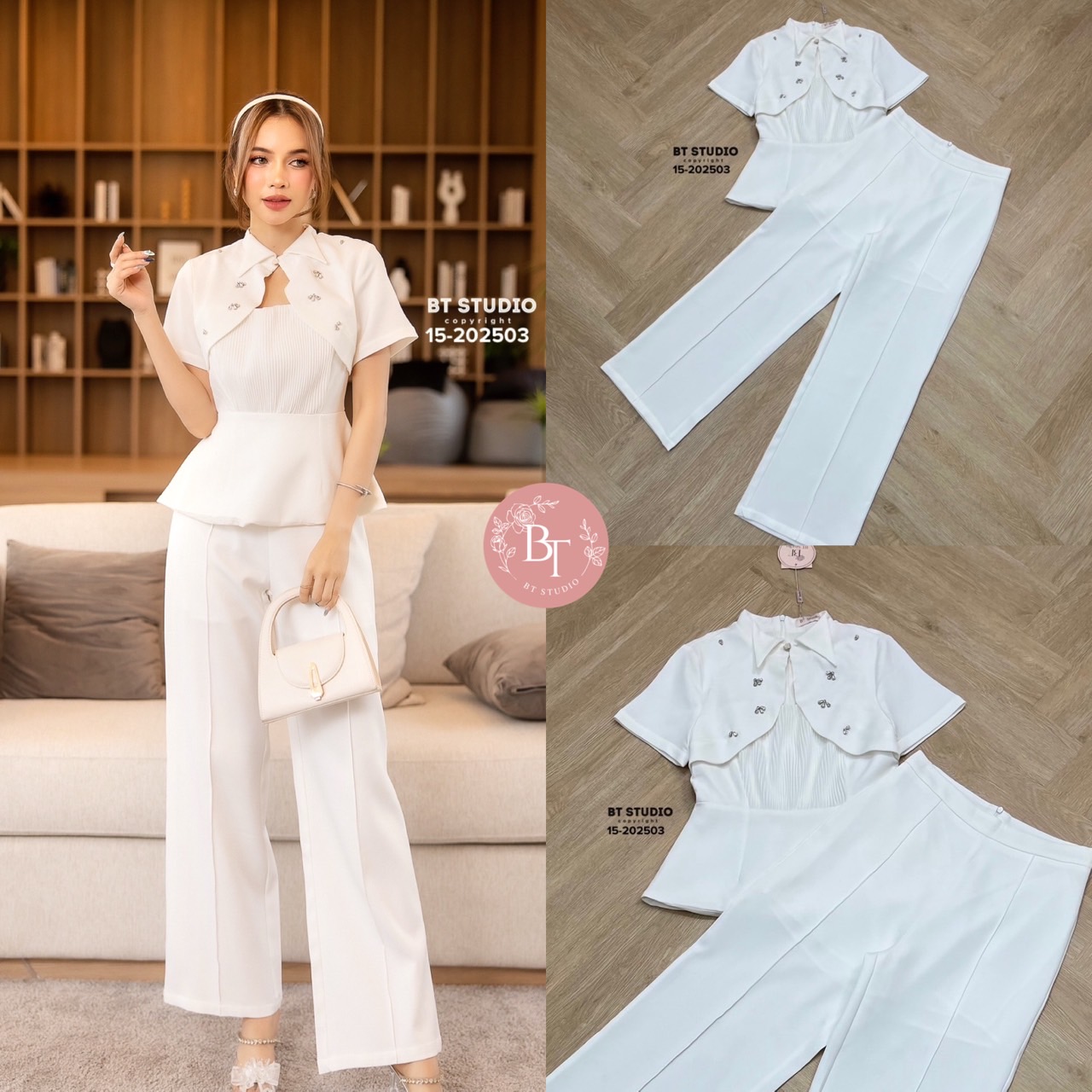TAG : BT studio DETAIL : ชุดเซ็ท 2 ชิ้น เสื้อแขนสั้นดีเทลแต่งคอปกไล่มาตรงกลางติดเพชรกระจายเว้ากลางอกเล็กน้อยแต่งตัดต่อเกาะอกอกพรีทตรงกลาง เอวเข้ารูปปลายชายบานออก งานซิปหลัง