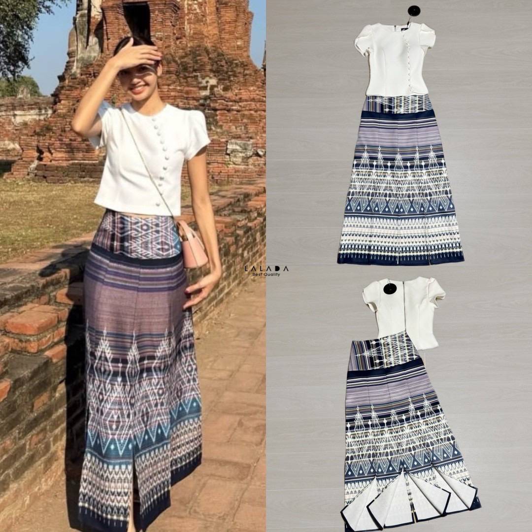 𝐍𝐞𝐰 𝐀𝐫𝐫𝐢𝐯𝐚𝐥𝐬 🎀 LALADA (ลลดา)🥰พร้อมส่งคอลผ้าไทย ลิซ่ามาแล้วค่ะ แบบใหม่ •Detail : set 2 ชิ้นเสื้อสีขาวแต่งกระดุมหน้า ซิปหลังตัดเย็บอย่างดีมีซับใน + กระโป