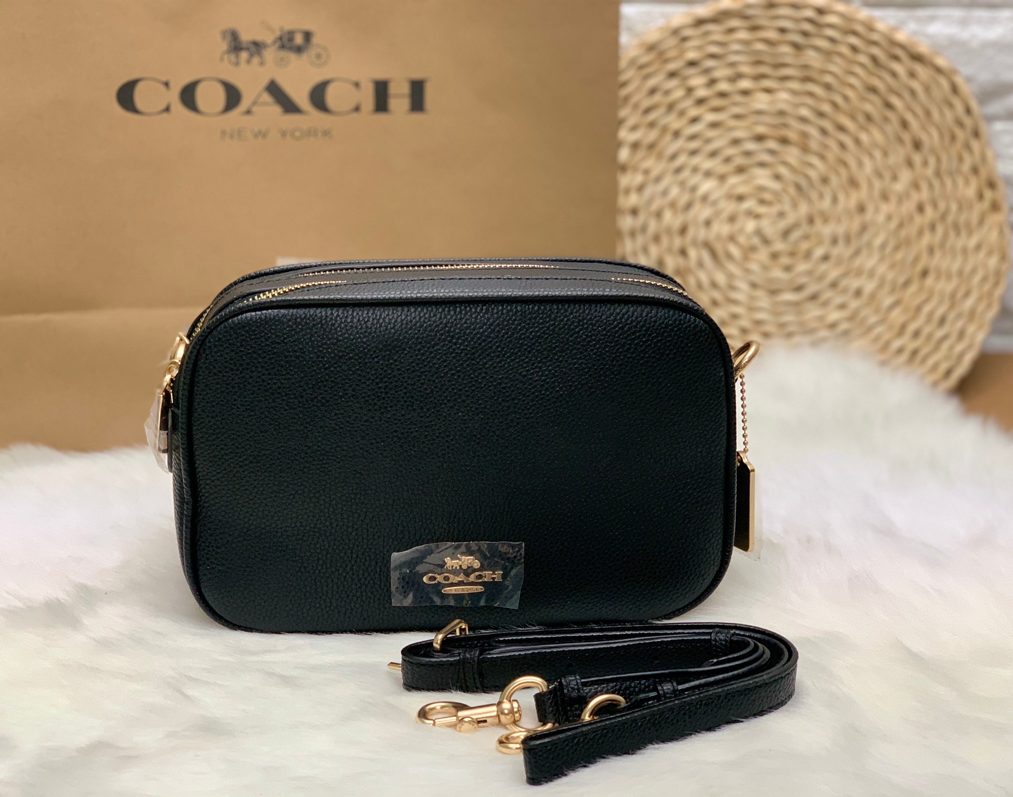 กระเป๋าสะพายไฮโซแบรนด์เนมโค้ชรุ่น 2 ซิป สีดำอะไหล่ทองหนังแท้ COACH LETHER JES CROSSBODY ((39856))