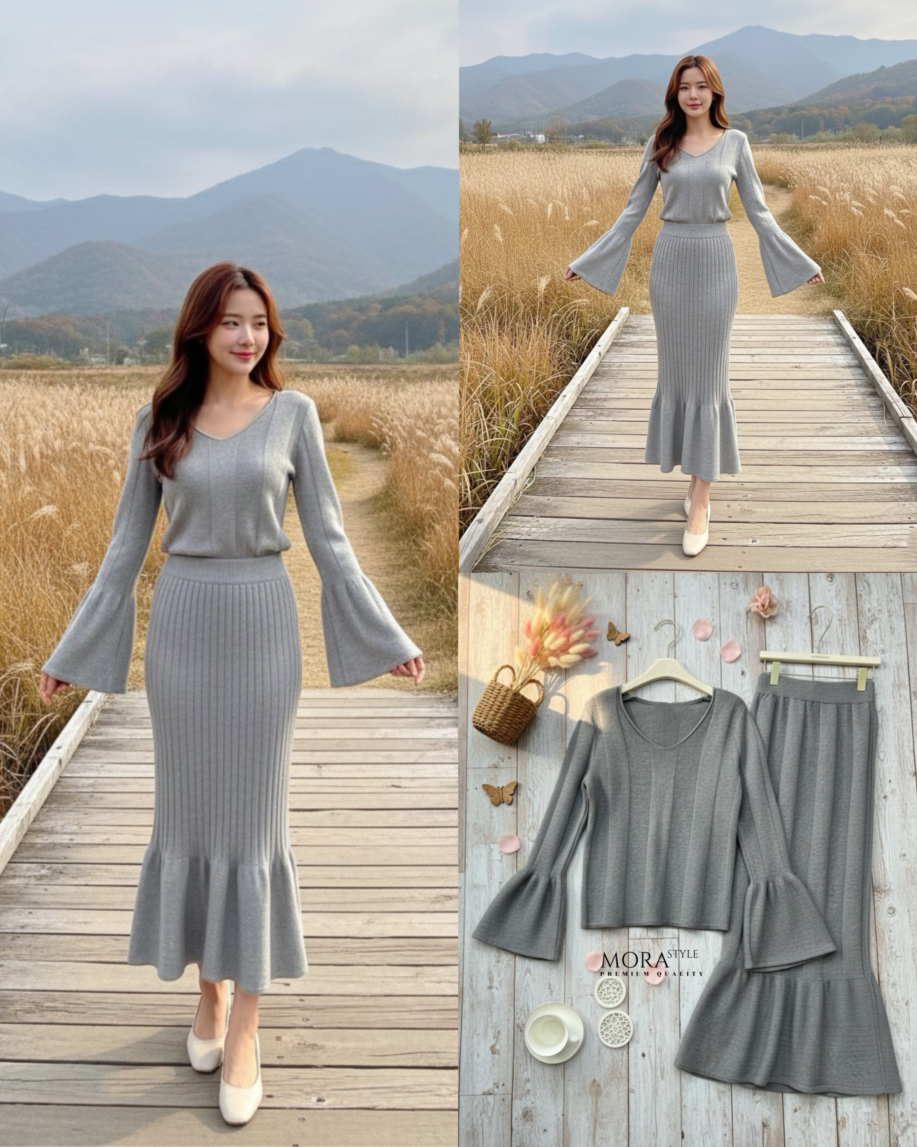 เซ็ตไหมพรม 2 ชิ้น เสื้อแขนยาวมี detail ลายร่องใหญ่ ผ้ายืดยืดหยุ่นใส่สบาย มาพร้อมกับ กระโปรงยาวปลายทรงปล่อยระบาย ใส่เที่ยวได้หลายโอกาสเป็นอีกรุ่นที่แนะนำมาต้องมีนะคะ