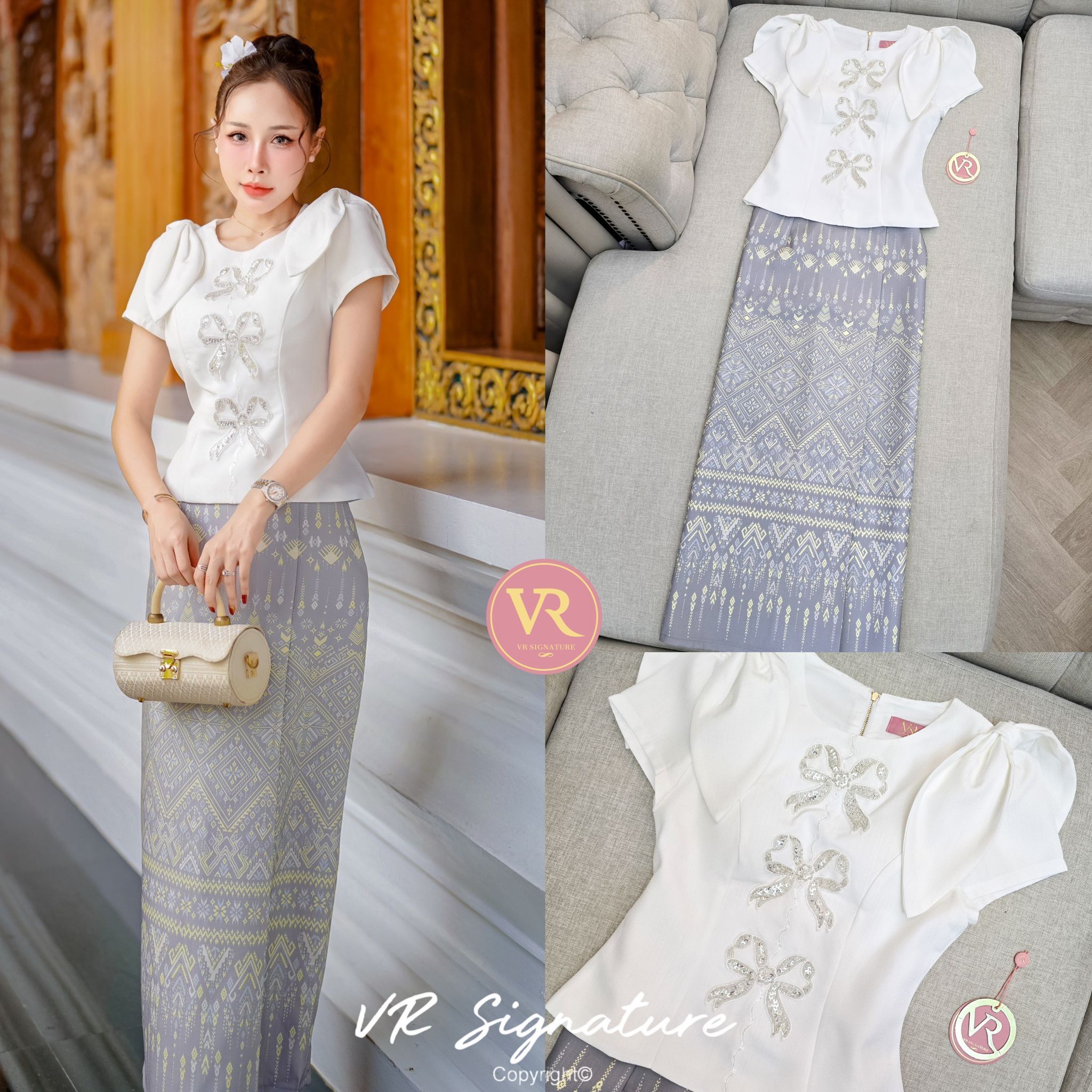 Set เสื้อแขนสั้นแต่งโบว์ ด้านหน้าแต่งโบว์ปักเลื่อมเรียงสวยมากค่ะ มีฟองน้ำจัดทรงให้ด้วยค่ะ ชายเสื้อบานเล็กน้อย แมทช์กับกระโปรงยาวทรงพับจีบทบด้านข้าง เนื้อผ้าพิมพ์ลายไทย มี texture สวยมากค่ะ มีซับใน สามารถใส่แยกกับชุดอื่นได้อีกเยอะเลยค่ะ ต้องจัดนะค่