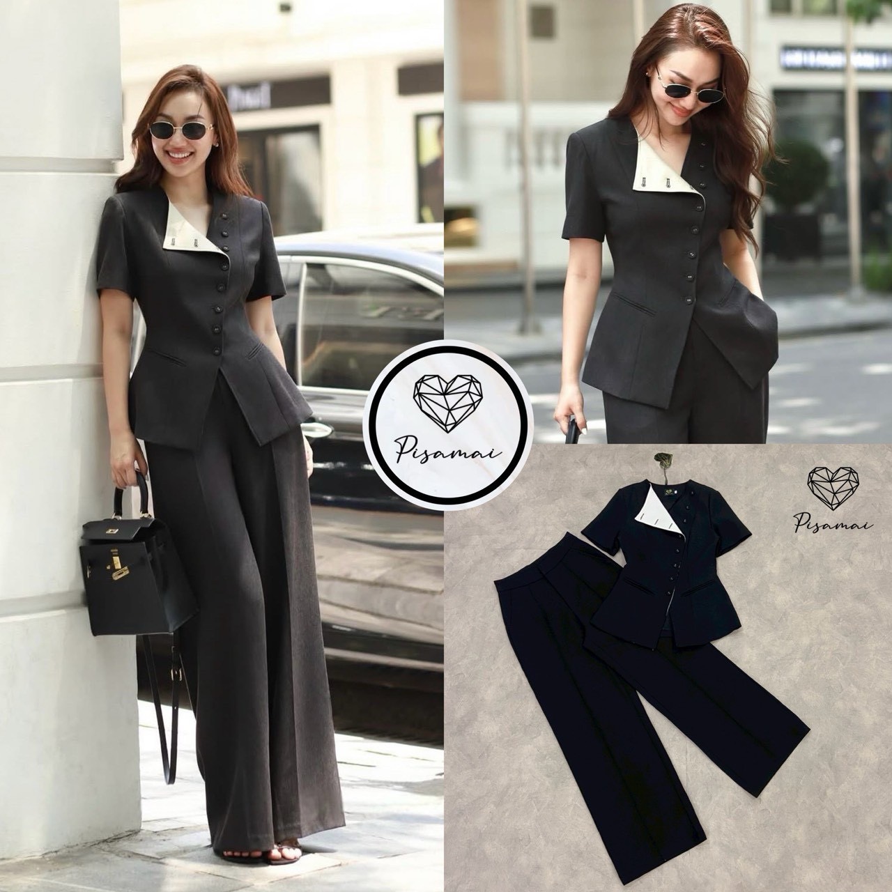 เซ็ตเสื้อมีแขนสีดำ ดีเท็ลแต่งกระดุม สามารถใส่ได้ถึง 2 แบบ มาคู่กางเกงขากระบอกตีเกร็ดยาวด้านหน้า สวย สง่า เฟียสๆ แกรมๆ