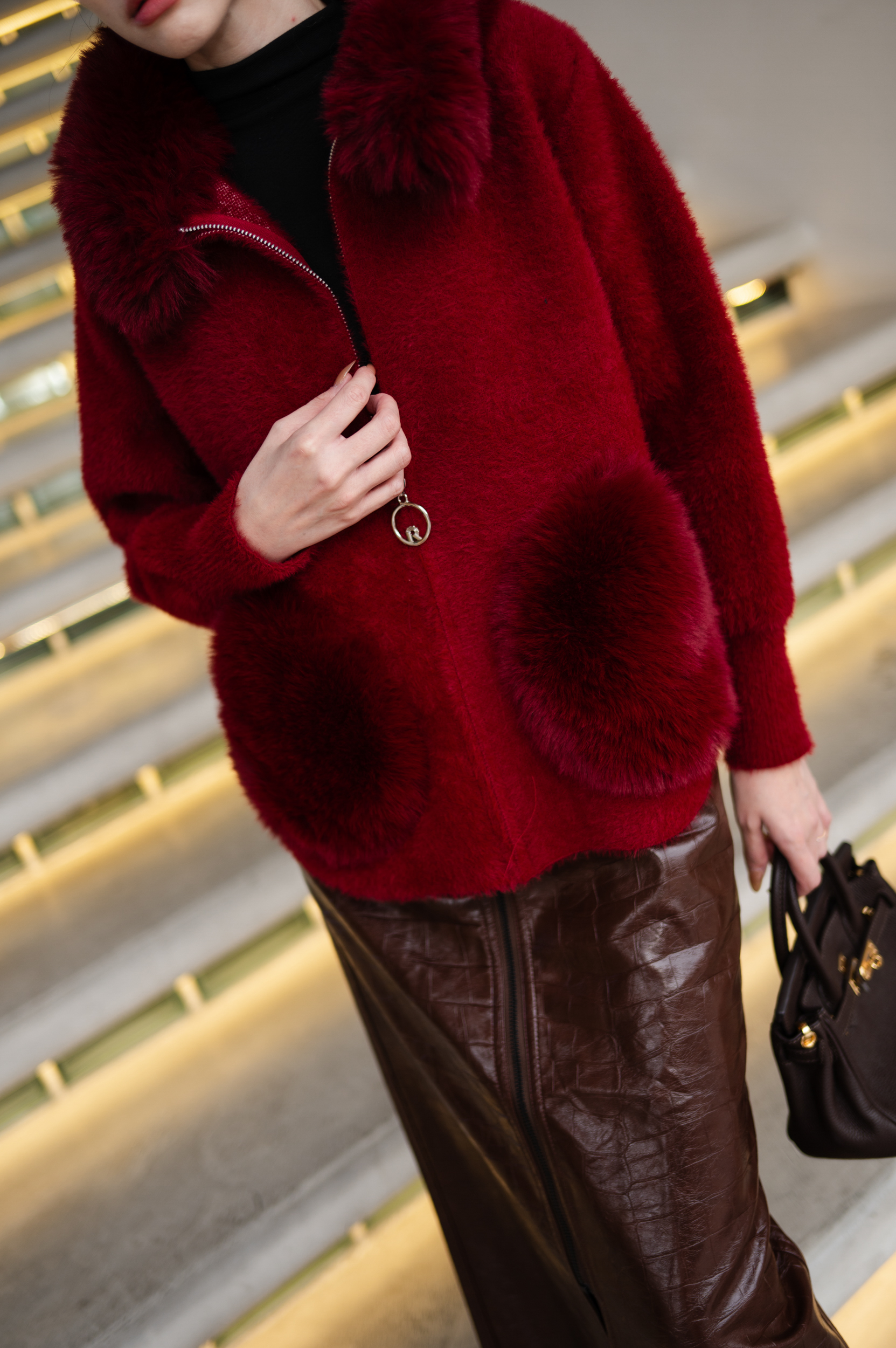 เสื้อกันหนาวขนเฟอร์แขนยาวปกขน