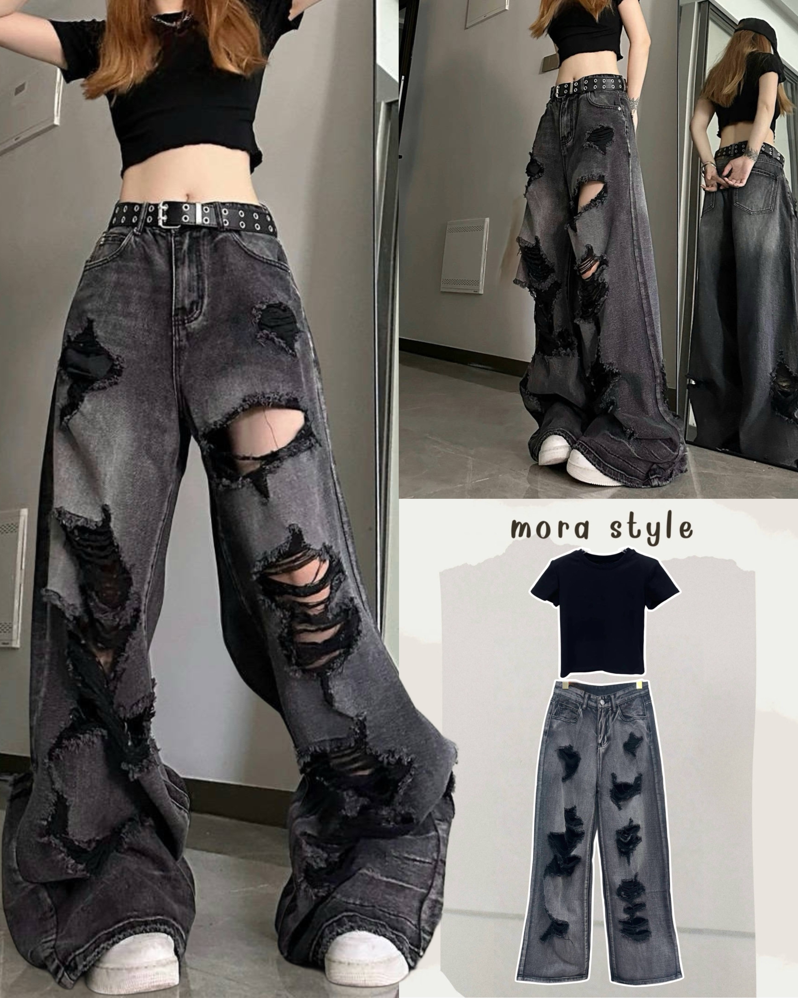เซ็ต 2 ชิ้น เสื้อครอปแขนสั้น ผ้ายืดหยุ่น งานสวยจึ้ง มาพร้อมกับกางเกงยีนส์เอวสูง สีดำฟอก แต่งขาด เท่ๆๆๆเซอๆๆๆ ผ้าหนา ใส่แมทคือเท่สุดๆเลยค่าา