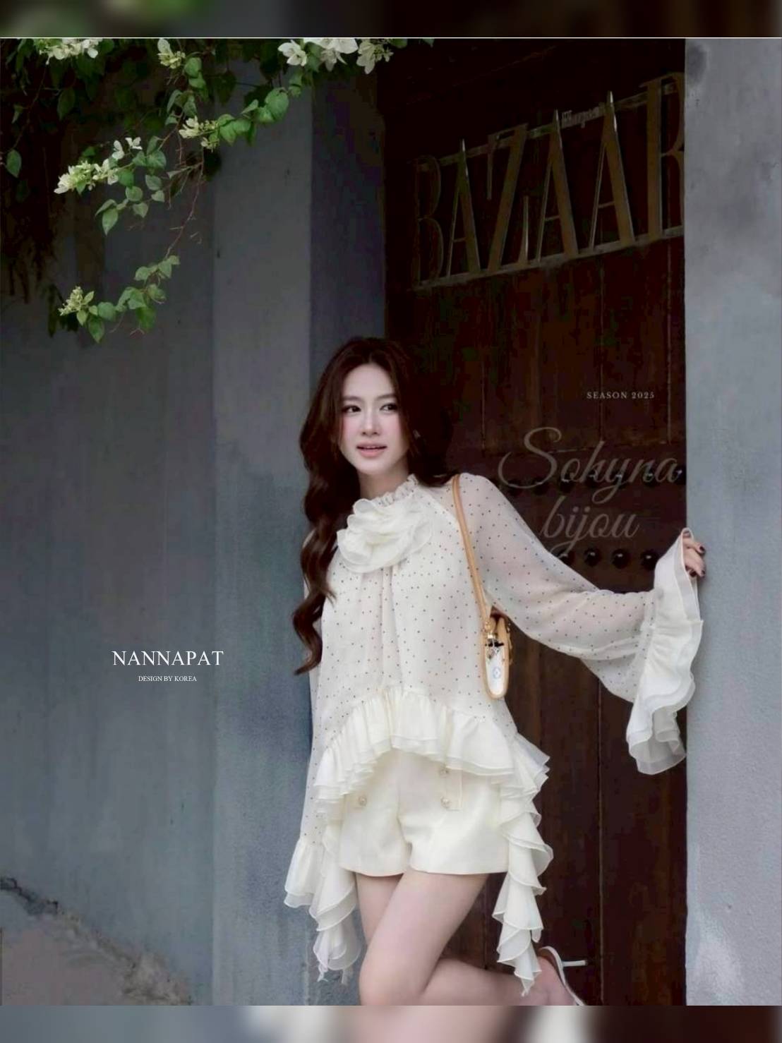 ชุดเซท เสื้อผ้านุ่มใส่สบาย แขนพองน่ารัก ระบายชั้นๆ +กางเกงขาสั้นแต่งกระดุมชิคๆ