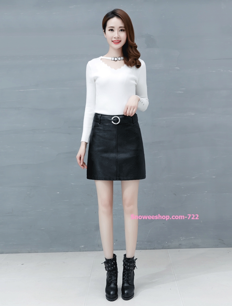 กระโปรงสั้นหนัง PU หนังหนาสีดำ สีน้ำตาล กันลมกันหนาว