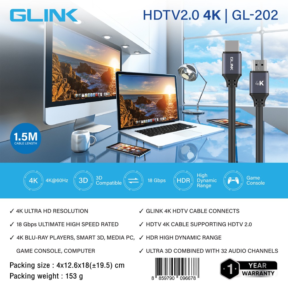 GL-202 GLINK HDTV V2.0 4K@60Hz./18Gbps CABLE SKU-03106