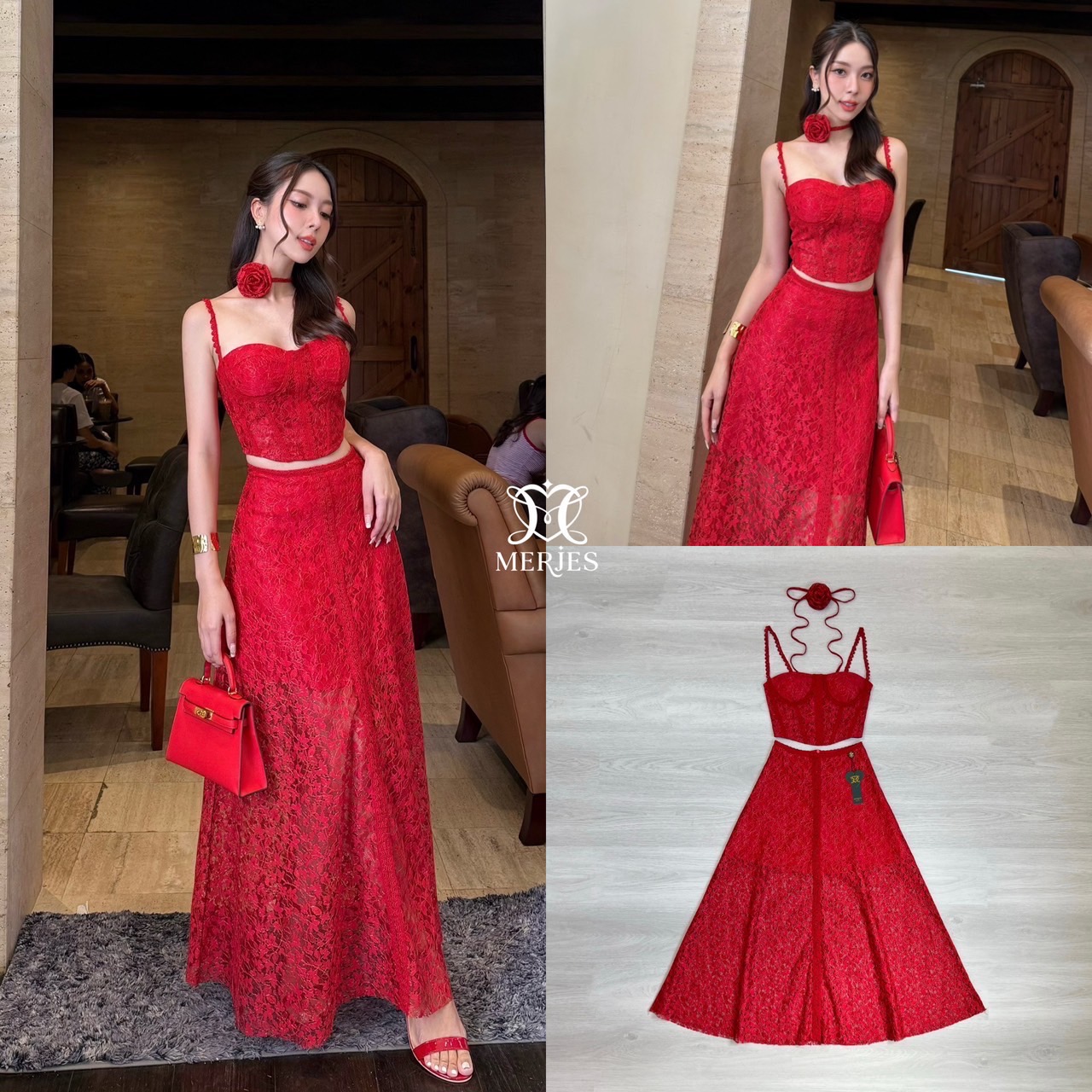 เซตผ้าลูกไม้สีแดงสายเดี่ยวแต่งผ้าฉลุ สายเดี่ยวทรงสั้นเข้ารูปพร้อมฟองน้ำเสริมอกเพื่อให้ทรงสวยตีเกล็ดฉลุรวบอกและช่วงตัว มาพร้อมกับกระโปรงยาวทรงบานดีเทลแต่งผ้าฉลุด้านหน้ากระโปรงมีซับครึ่งตัวงานซิปหลังทั้งเสื้อและกระโปรง มีเชือกและดอกไม้เข็มกลัดจะใช้ที่คอหรือ