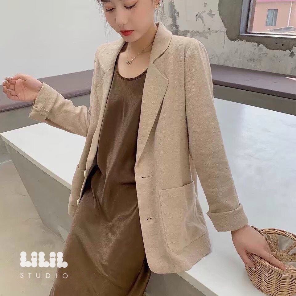 เสื้อคลุมลำลอง เนื้อผ้าฝ้ายลินิน กระเป๋าด้านหน้า ไม่หนา ใส่ลำรอง